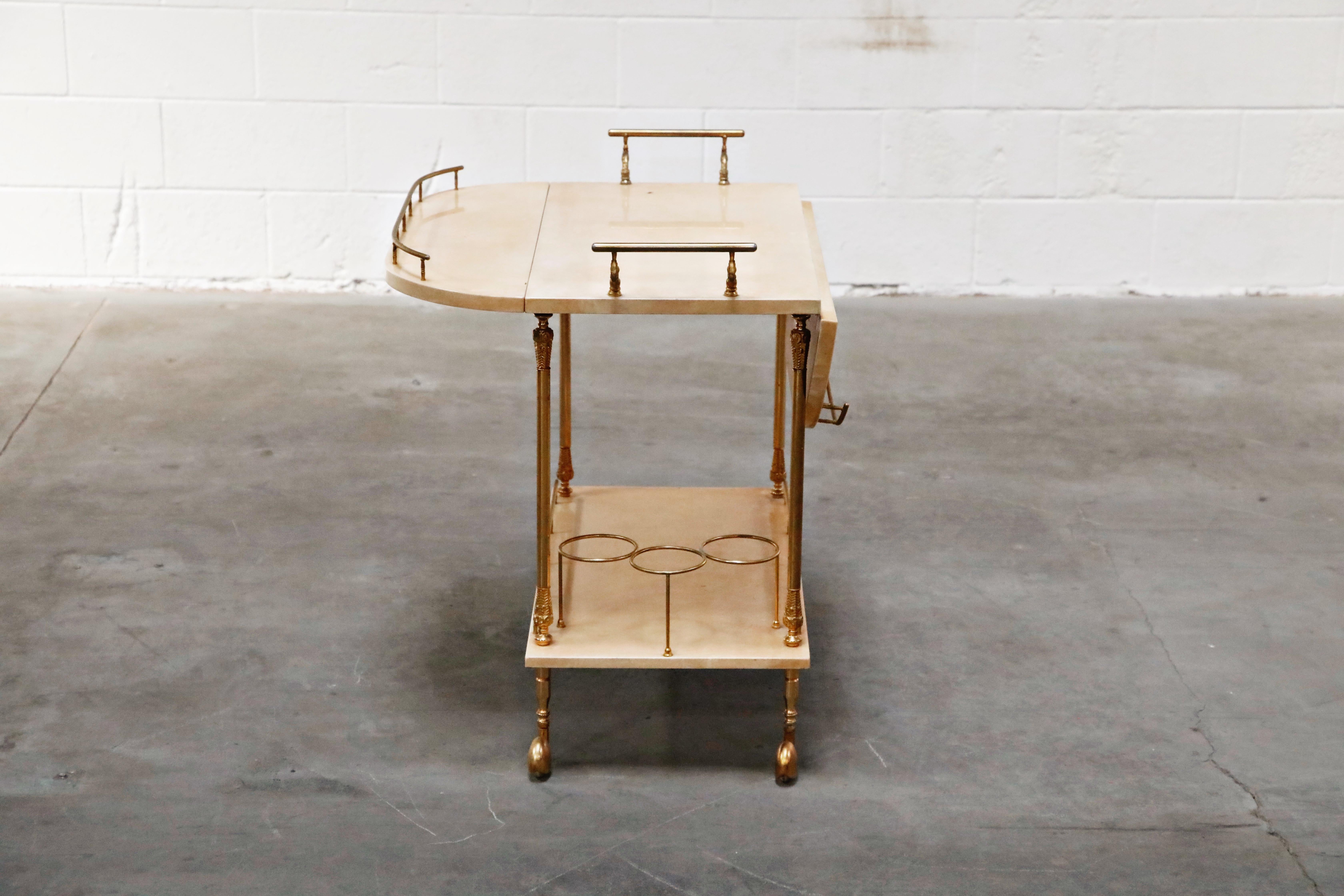 Aldo Tura Lacquered Goatskin and Brass Italian Double Drop-Leaf Bar Cart, Signed 4