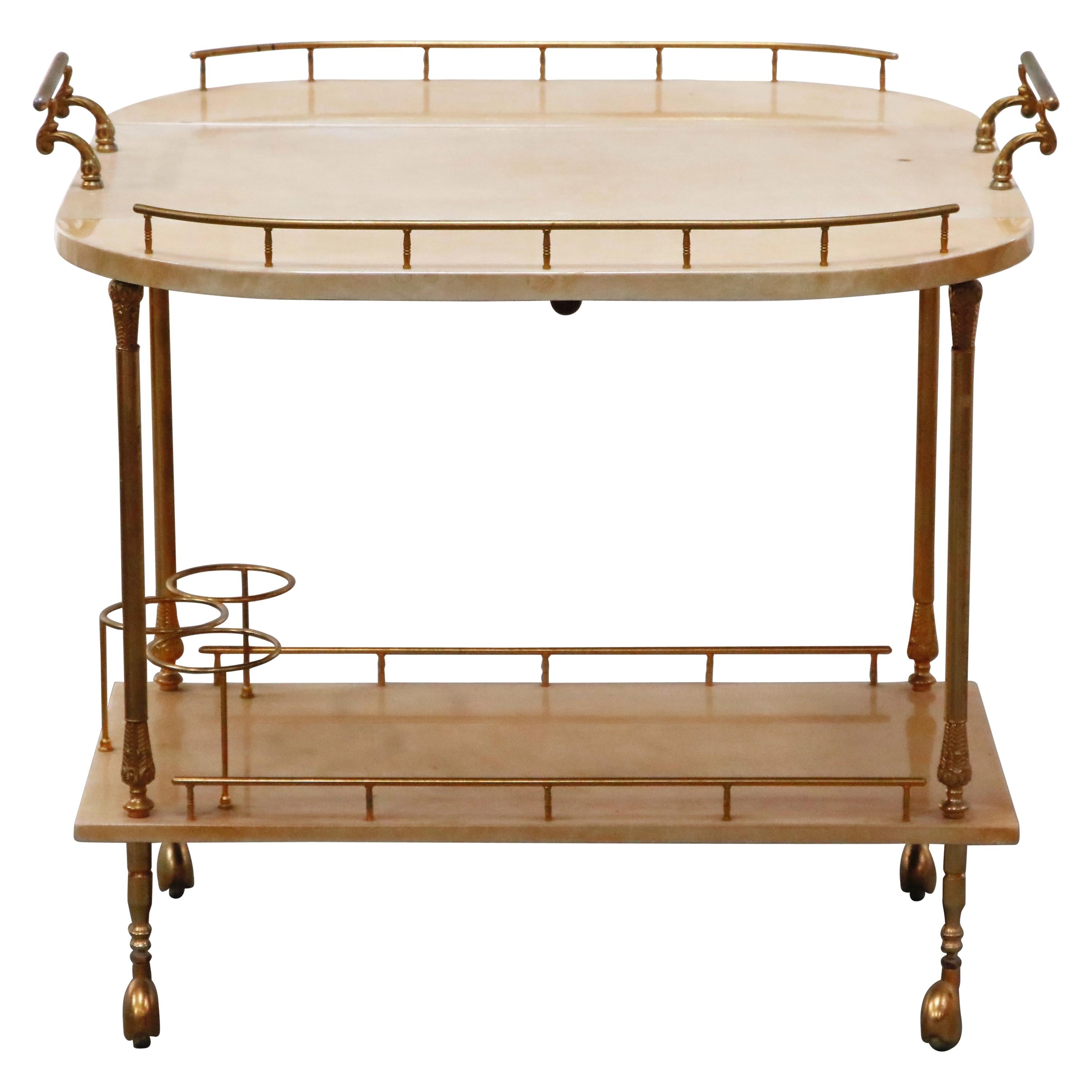 Aldo Tura Lacquered Goatskin and Brass Italian Double Drop-Leaf Bar Cart, Signed