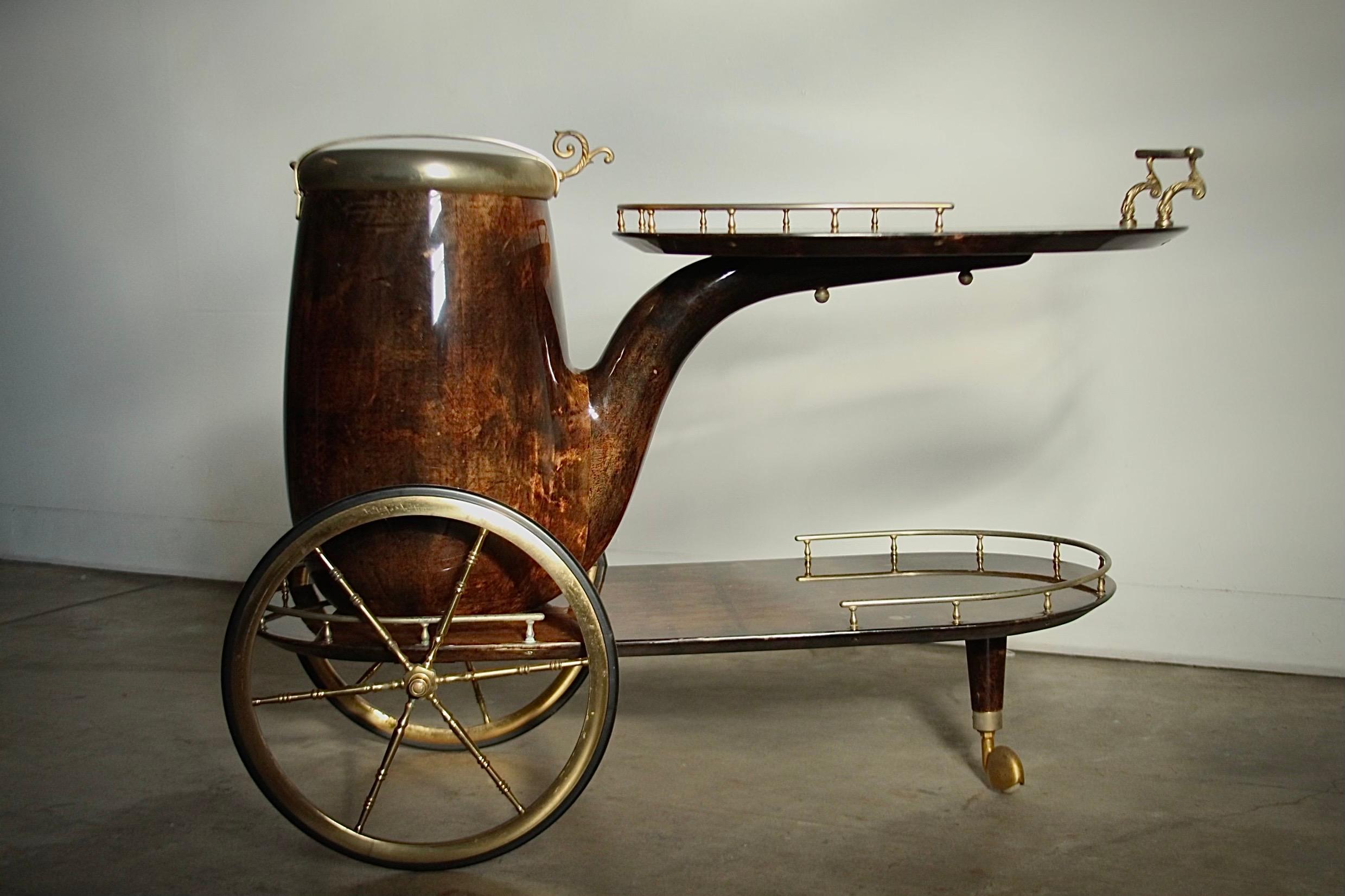 Aldo Tura Lacquered Goatskin and Brass Pipe Form Bar Cart, 1960s For Sale 6