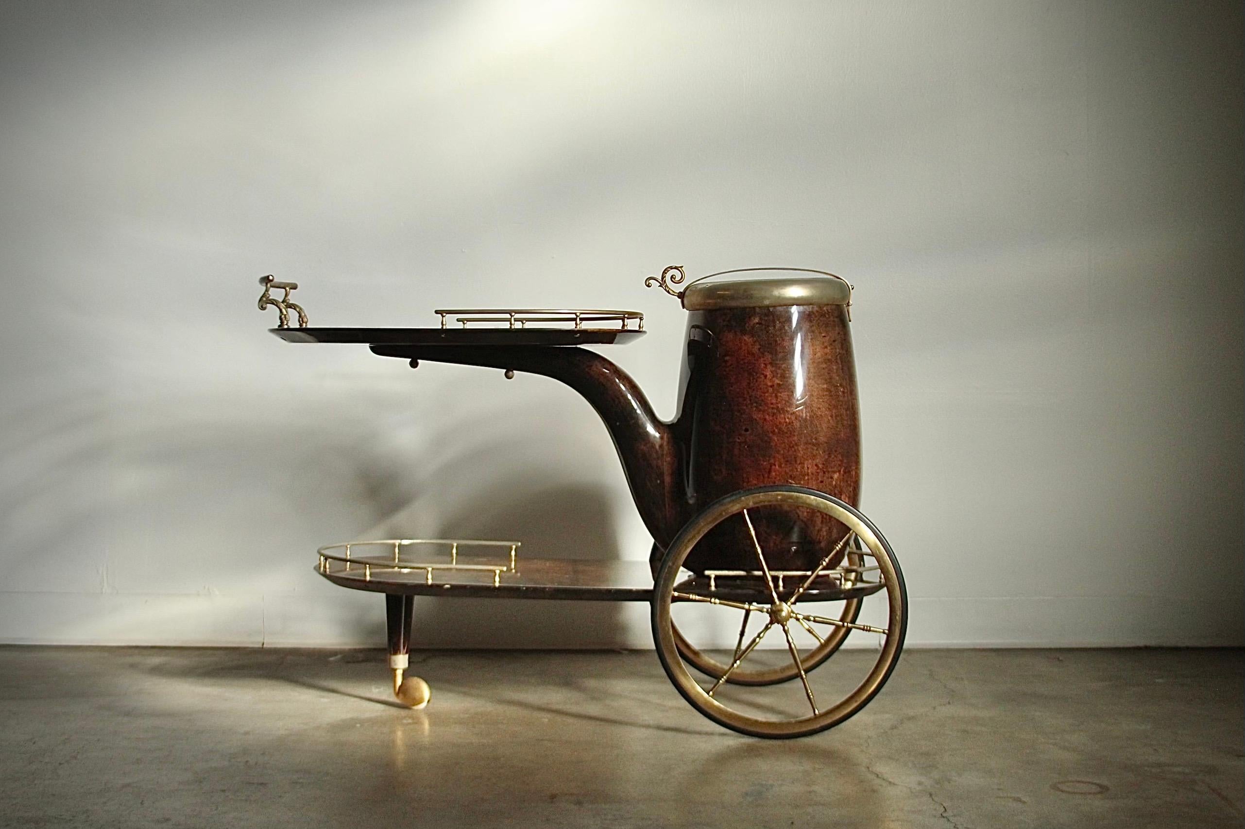 Mid-20th Century Aldo Tura Lacquered Goatskin and Brass Pipe Form Bar Cart, 1960s For Sale