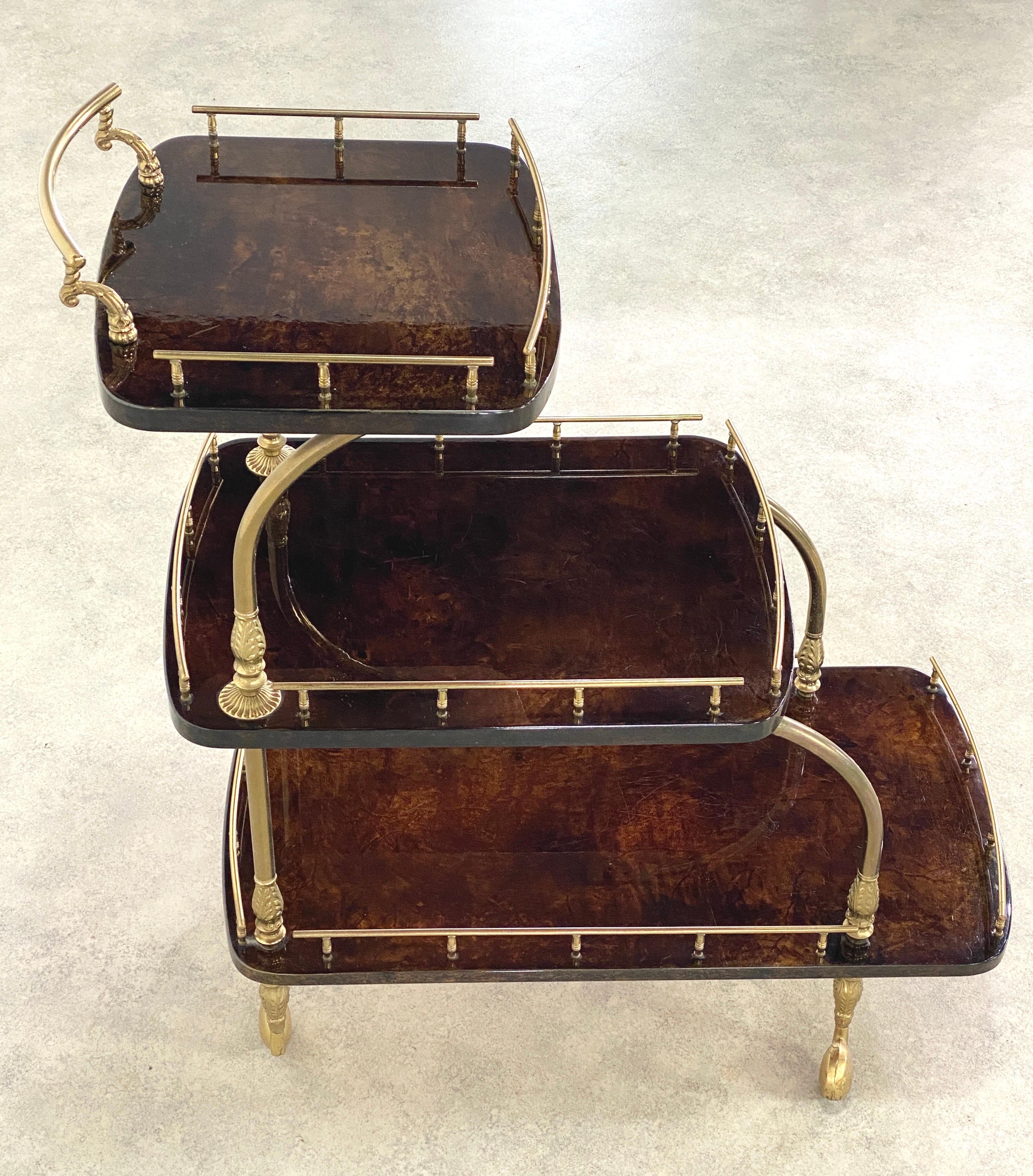 Brass Aldo Tura Lacquered Goatskin Bar Cart For Sale