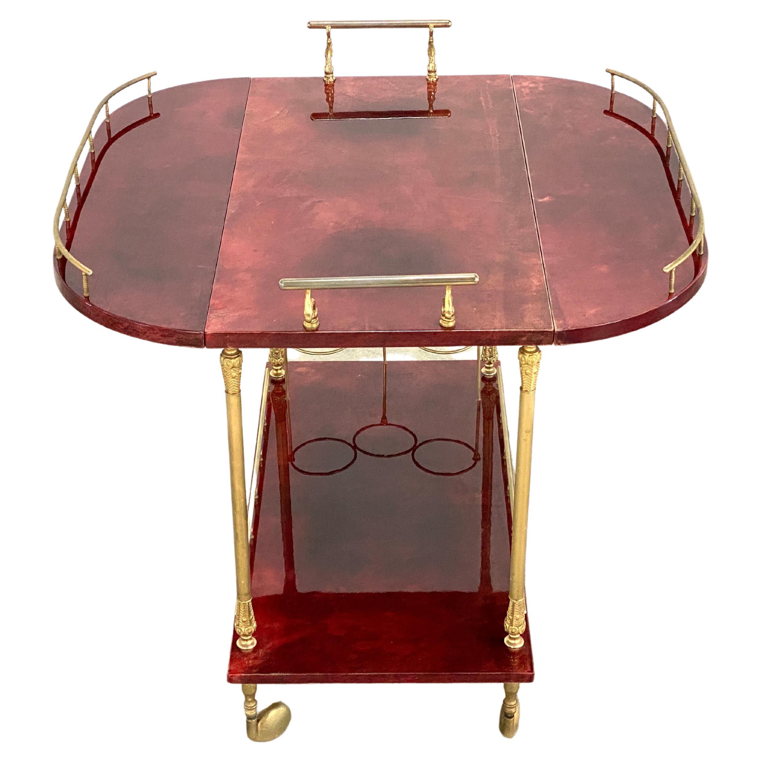 Hollywood Regency Aldo Tura Lacquered Goatskin Double Drop Leaf Bar Cart