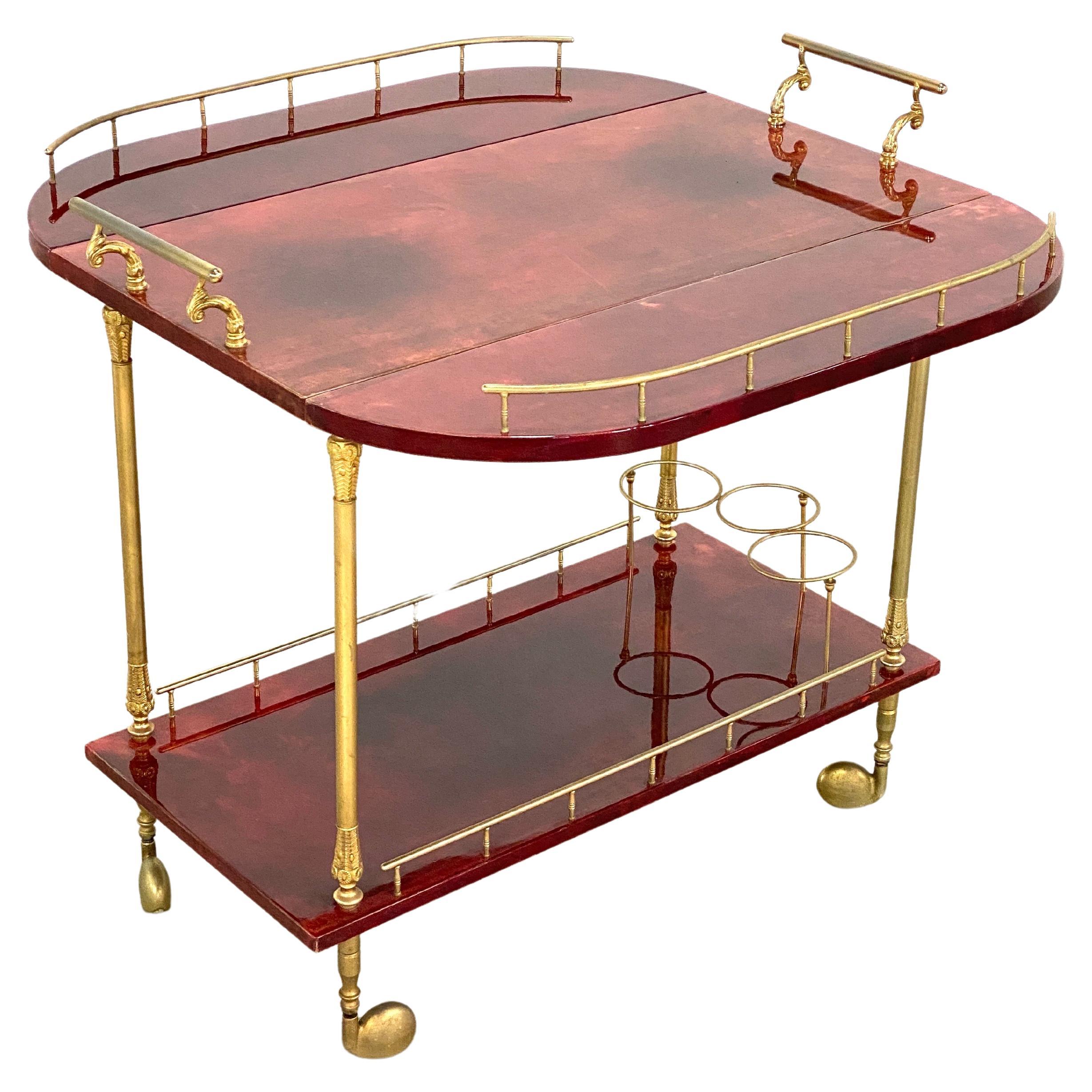 Brass Aldo Tura Lacquered Goatskin Double Drop Leaf Bar Cart