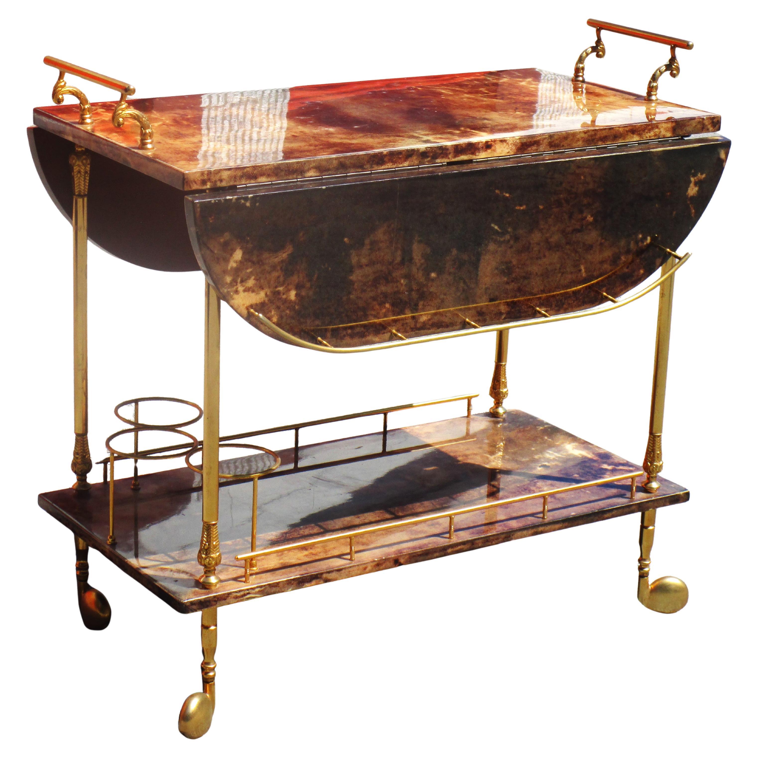 Lacquered Goatskin & Brass Bar Cart by Aldo Tura, Italy 1950's
