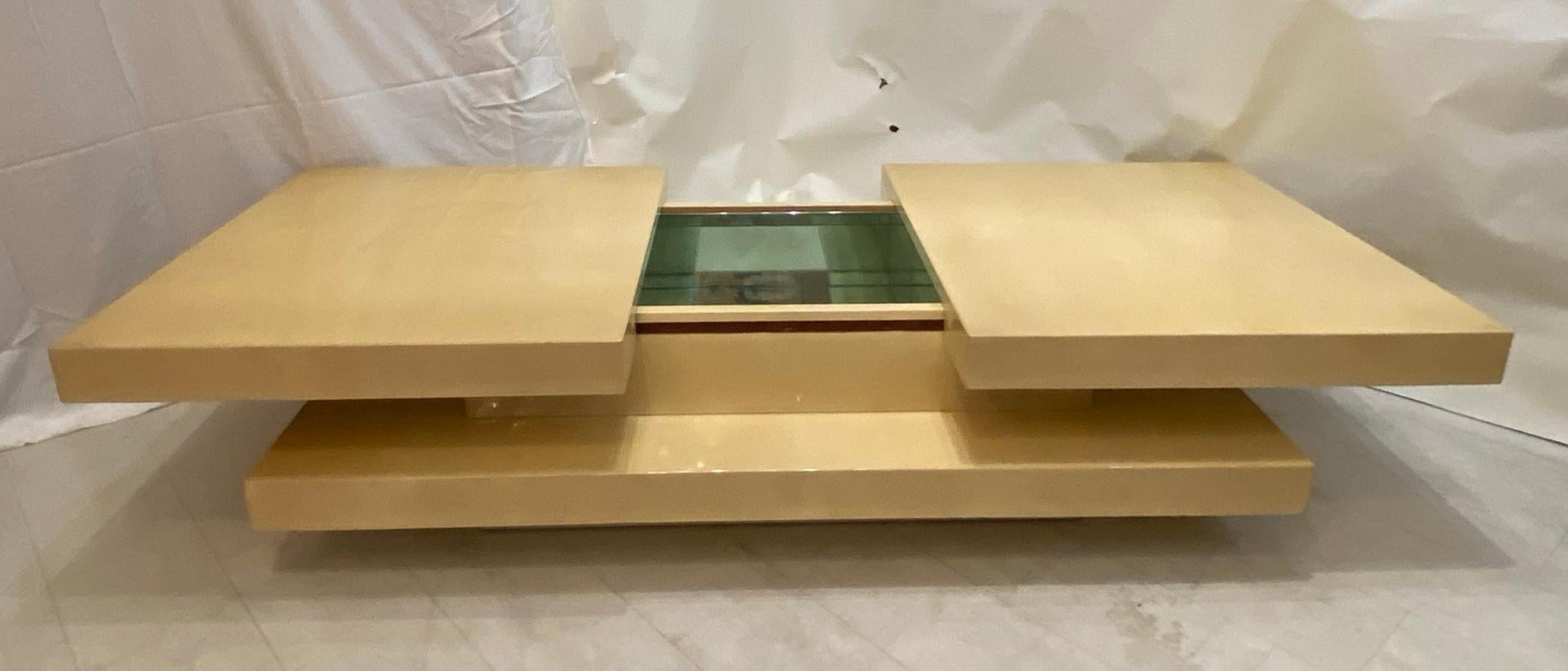 Aldo Tura Lacquered Parchment Cocktail Table with Mirrored Bar Storage Cabinet In Good Condition In West Palm Beach, FL