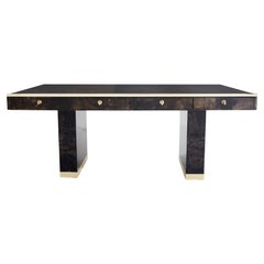 Aldo Tura large desk brown goatskin parchment brass 1960s