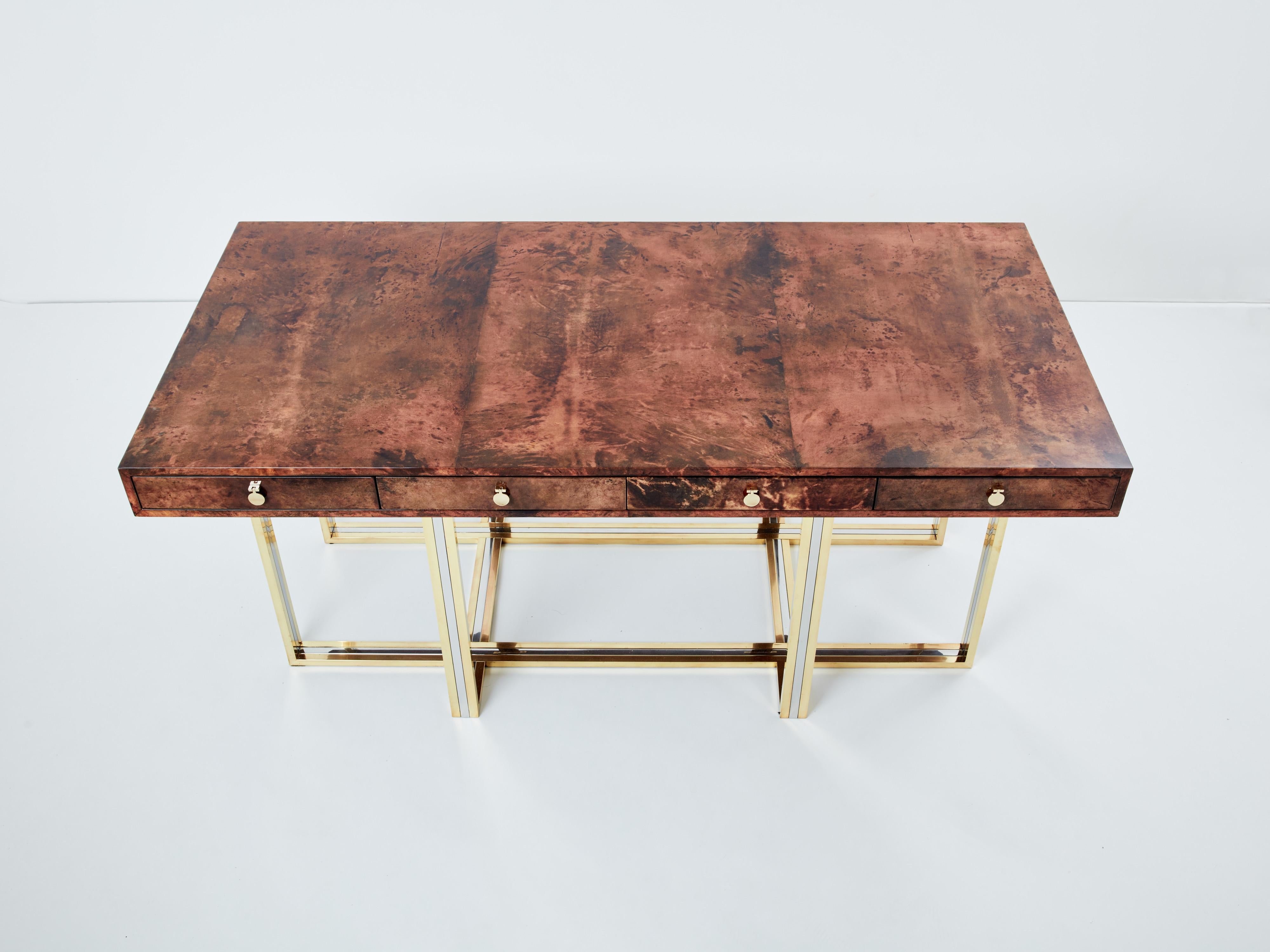 Aldo Tura large desk brown goatskin parchment brass chrome 1960s For Sale 7