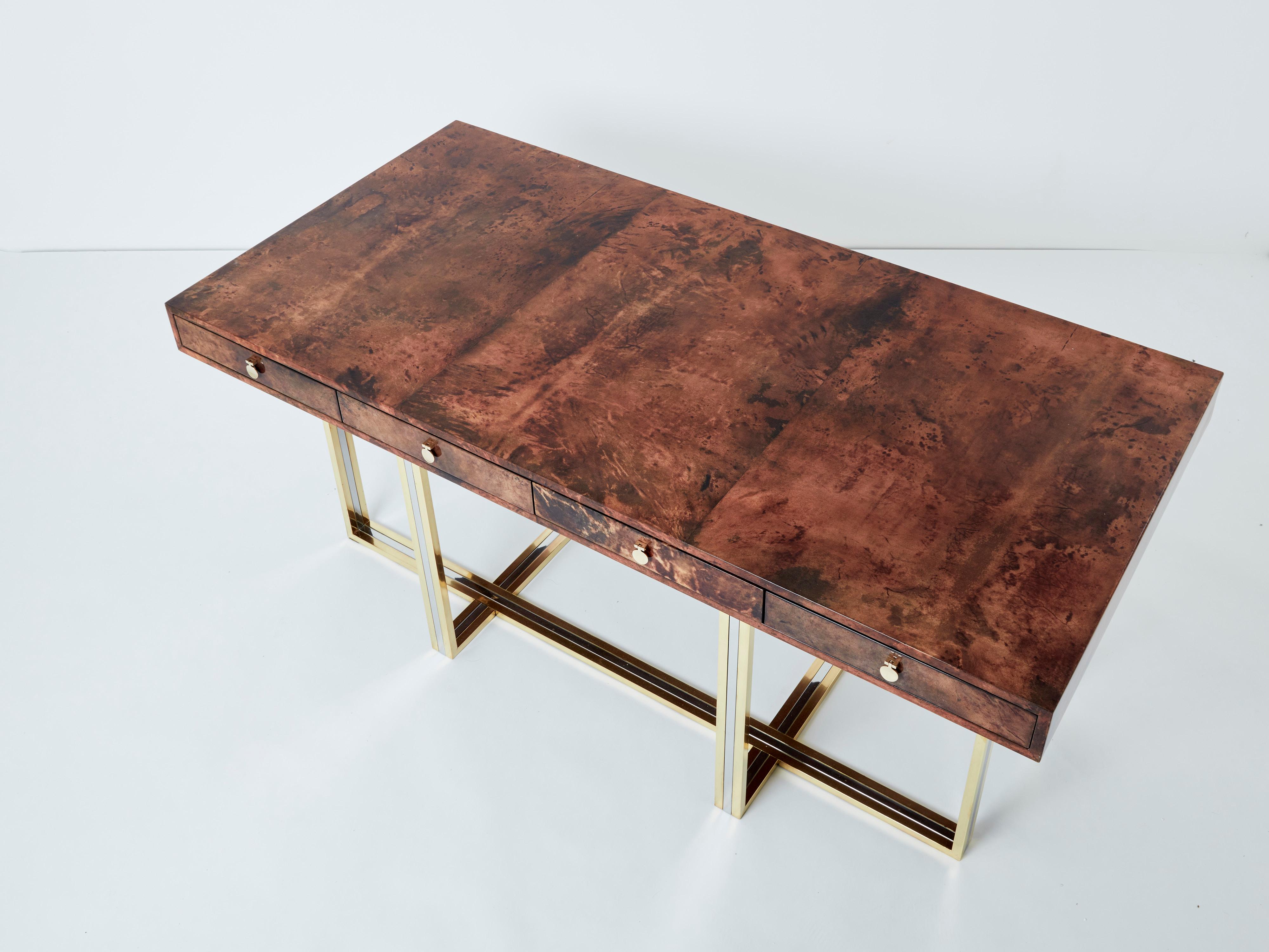 Mid-Century Modern Aldo Tura large desk brown goatskin parchment brass chrome 1960s For Sale