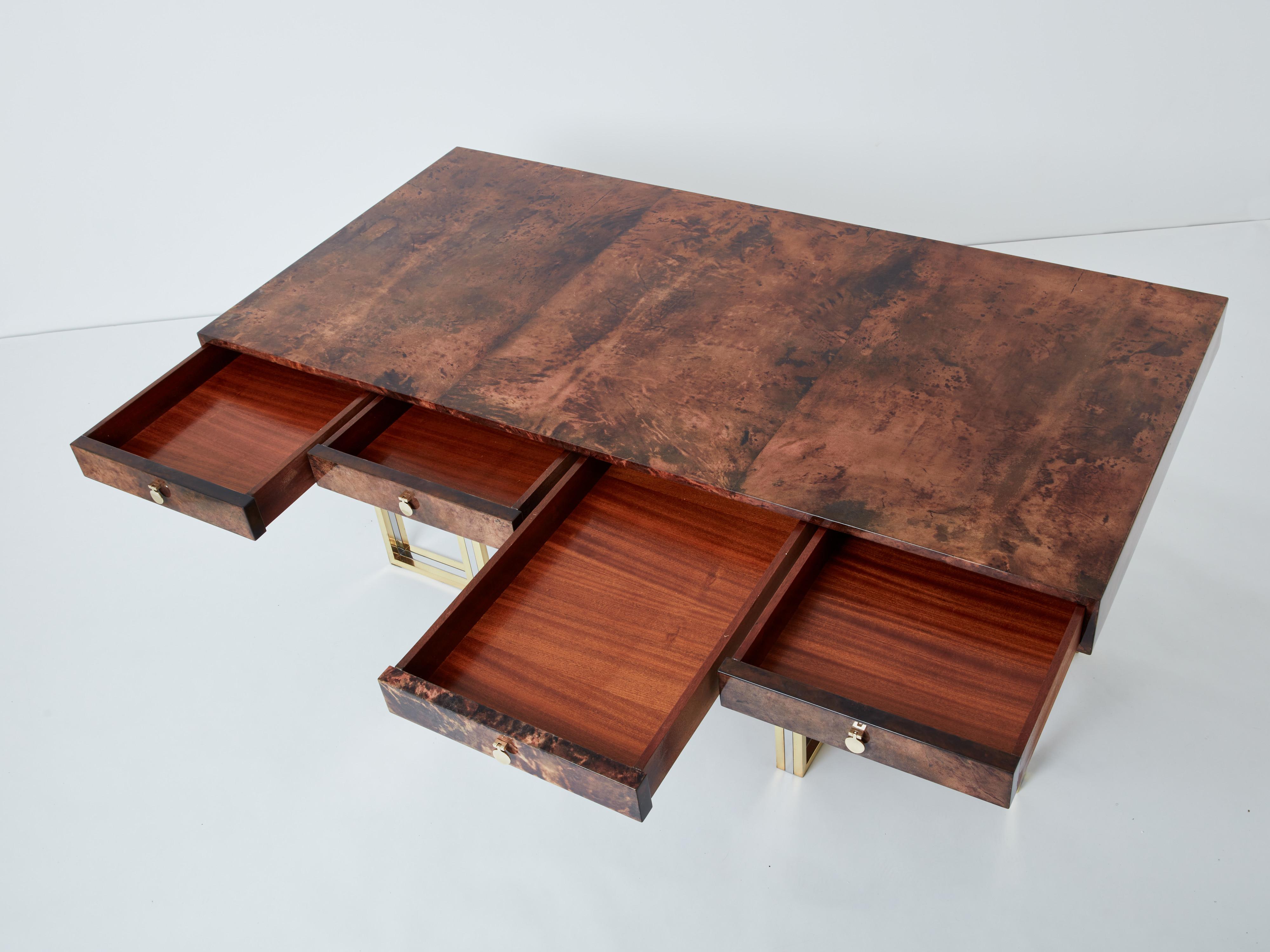 Aldo Tura large desk brown goatskin parchment brass chrome 1960s For Sale 1