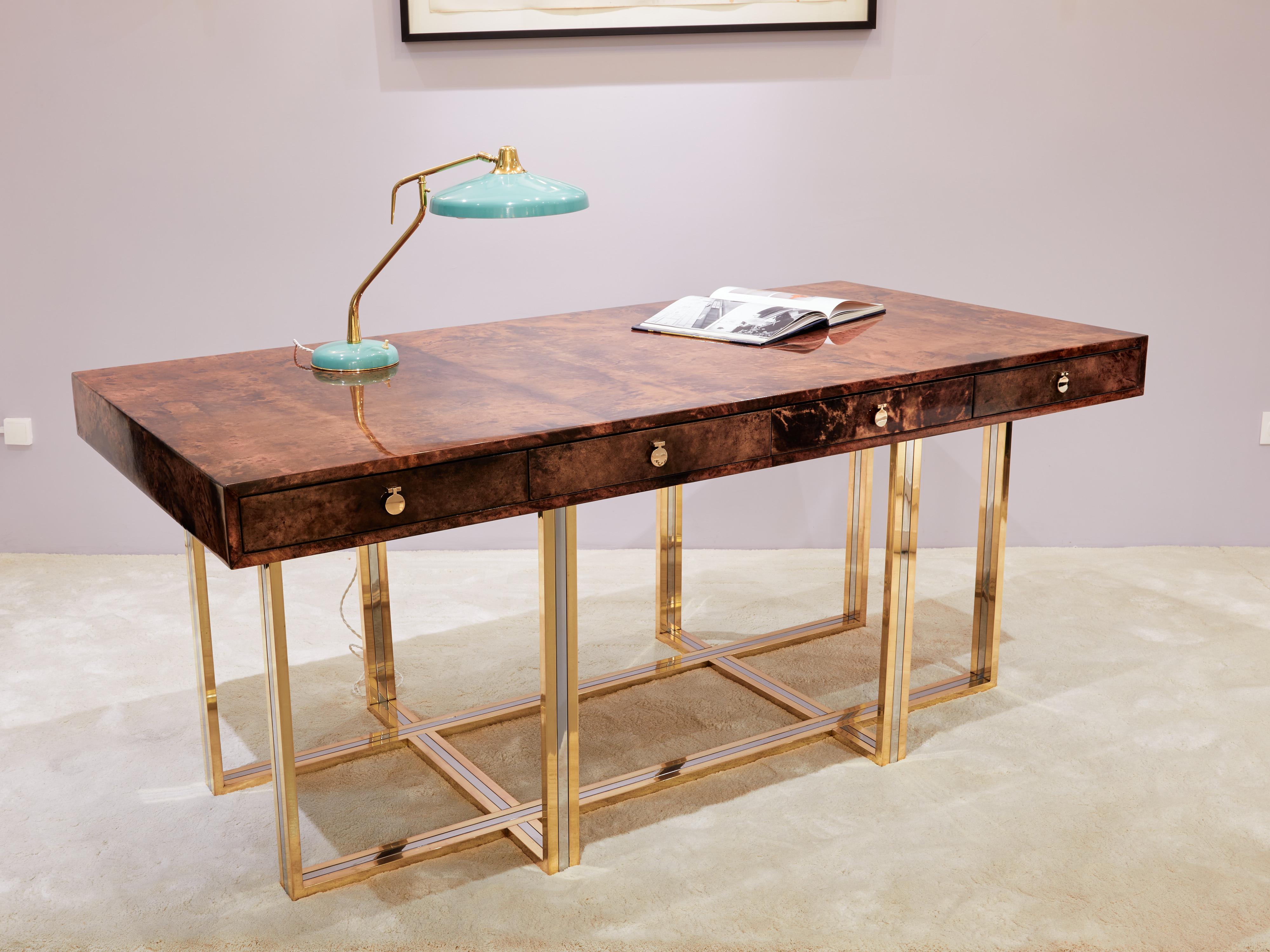 Aldo Tura large desk brown goatskin parchment brass chrome 1960s 2