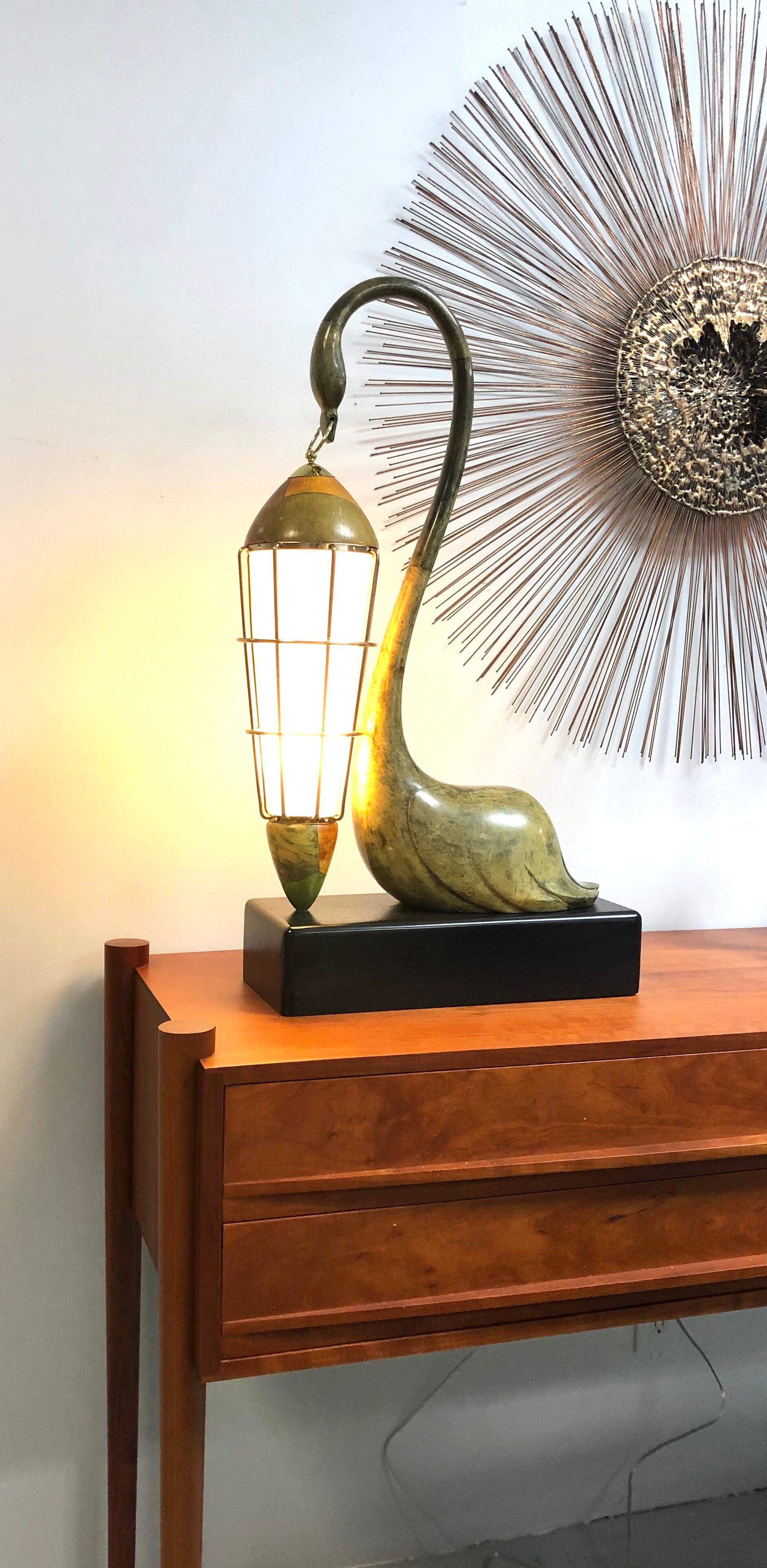Italian Aldo Tura Large Swan Goatskin Table Lamp, 1950s
