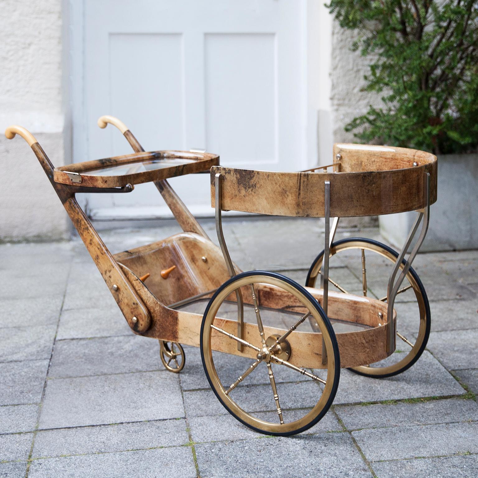 Italian Aldo Tura Light Brown Goatskin Bar Cart For Sale