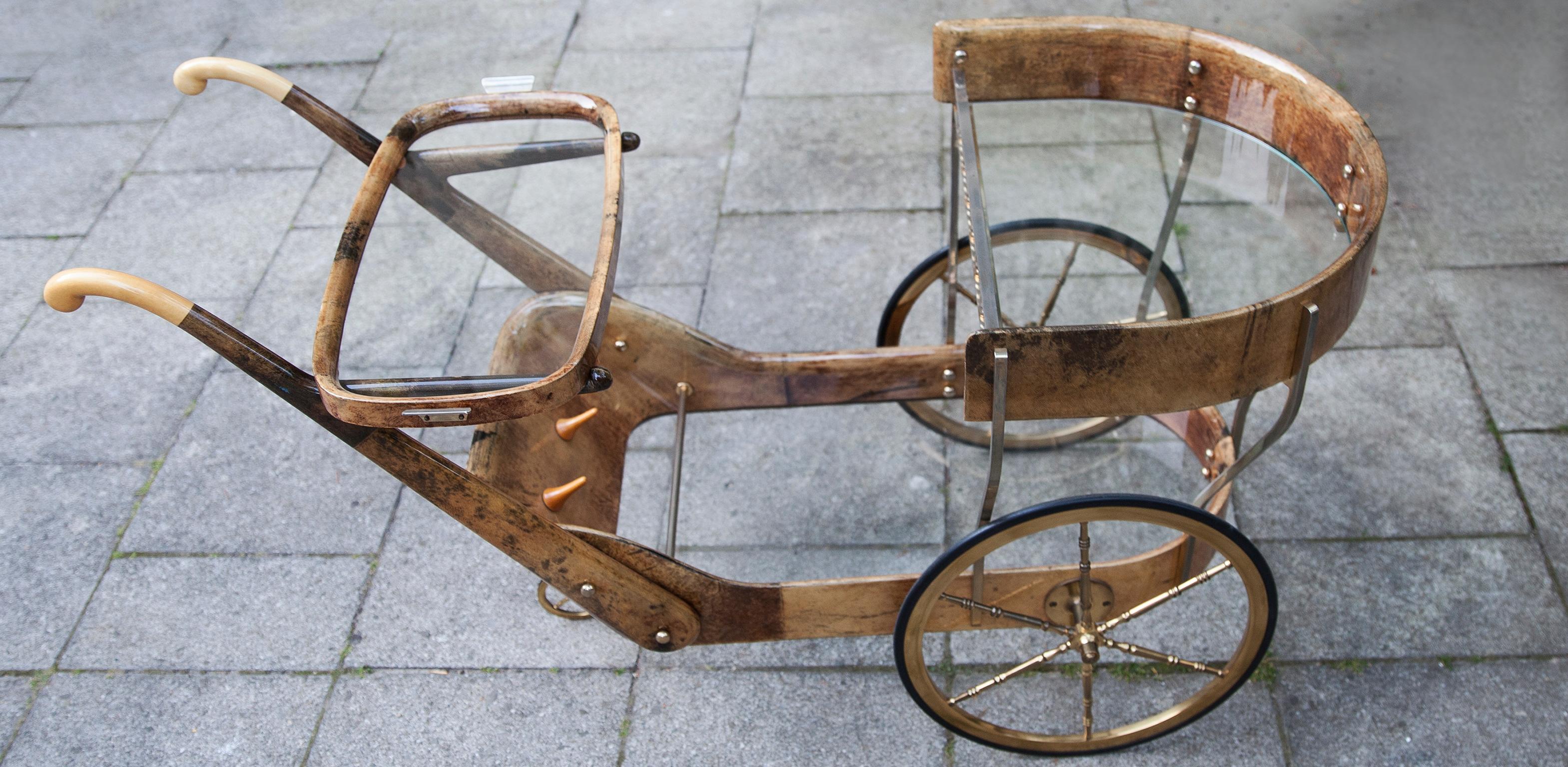 Mid-20th Century Aldo Tura Light Brown Goatskin Bar Cart For Sale