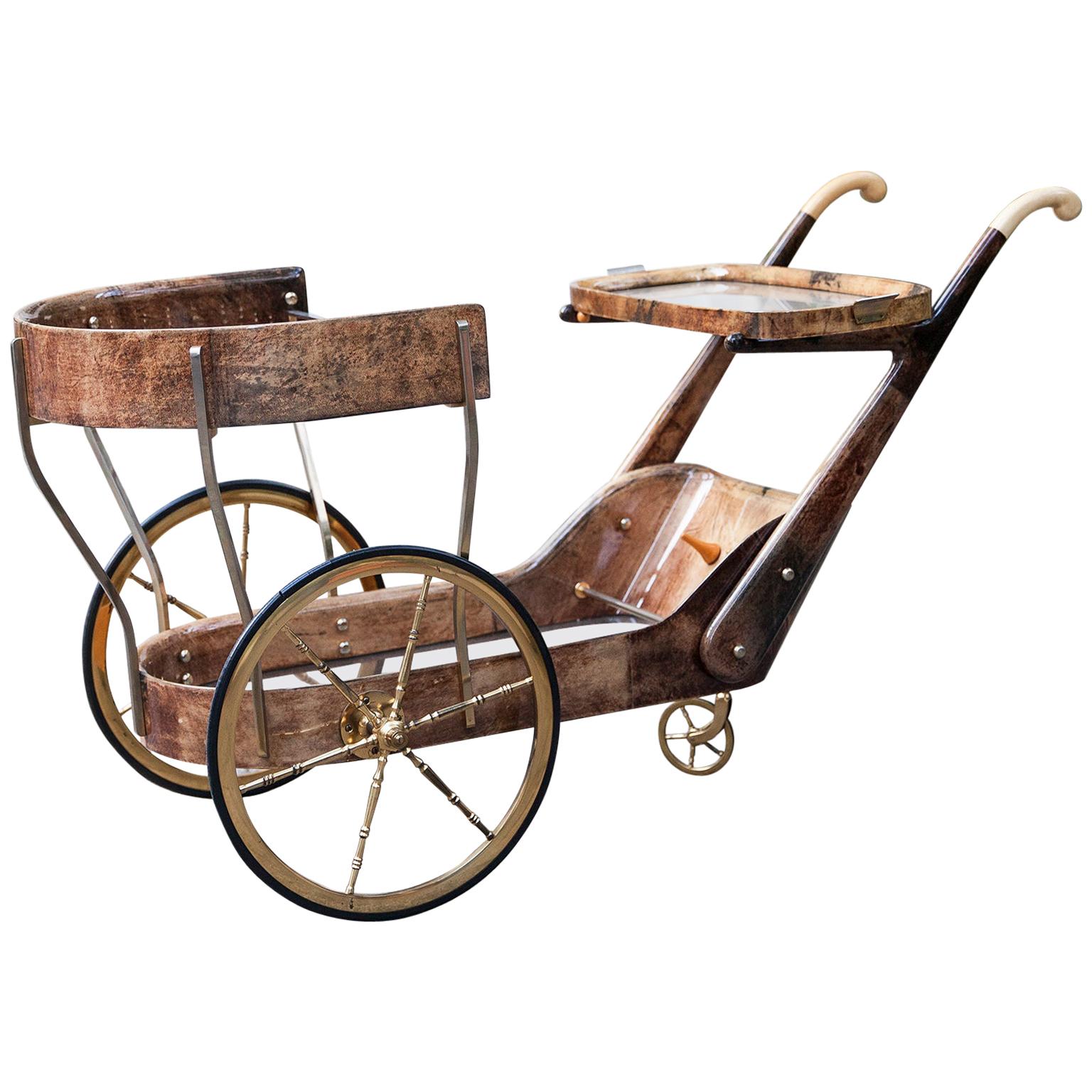 Carrito de bar de piel de cabra marrón claro Aldo Tura