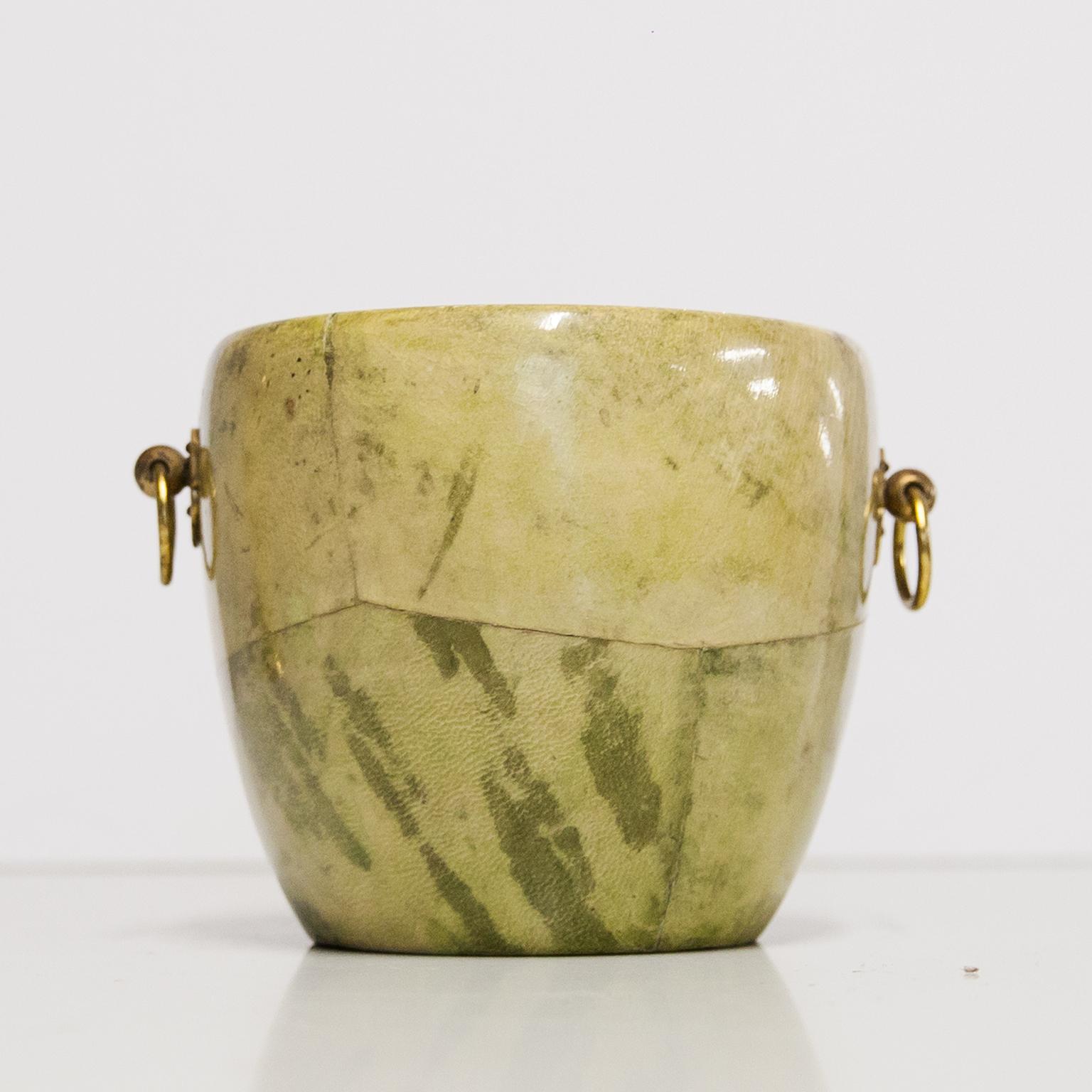 Brass Aldo Tura Light Green Goatskin Shaker Ice Bucket For Sale