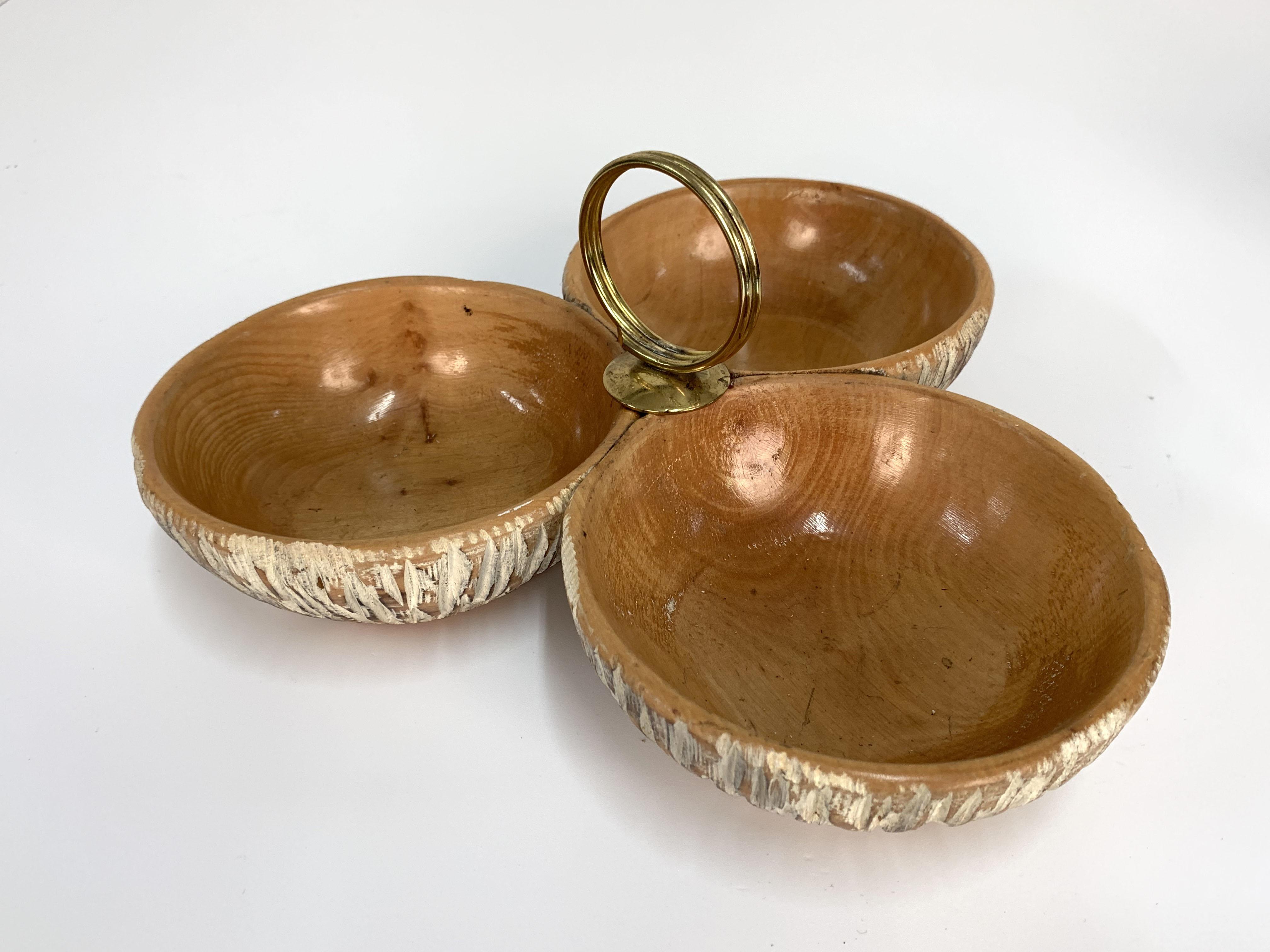 Aldo Tura Macabo Centerpiece in Hand Carved Cerused Wood Brass, Bowl Italy 1950s 3