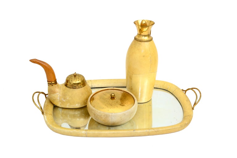 Italian Aldo Tura Macabo Exquisite Serving Tray Mirrored Goatskin and Brass Italy 1940s For Sale
