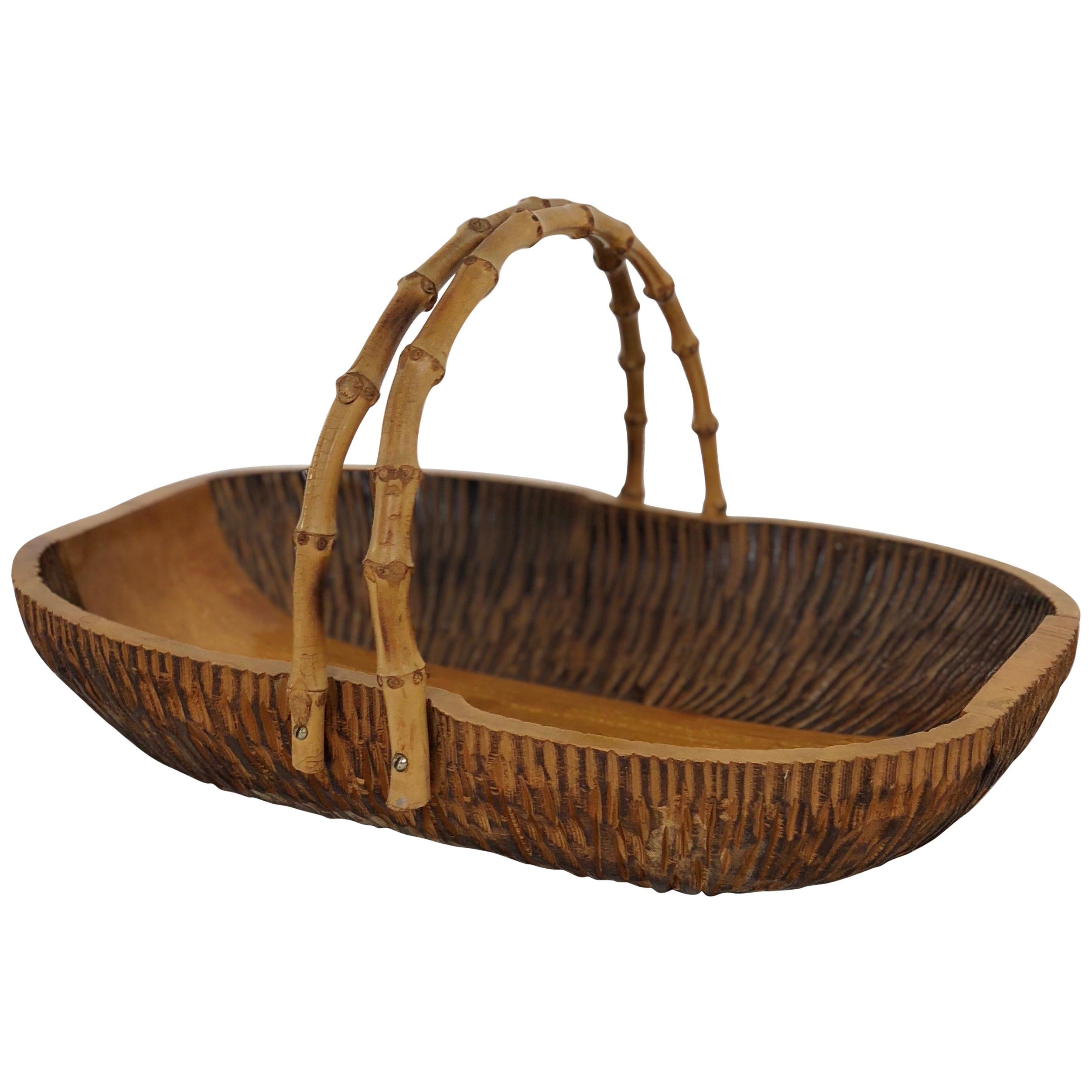 Aldo Tura Macabo Fruit Walnut Bowl Centrepiece Hand Carved Wood and Bamboo Italy