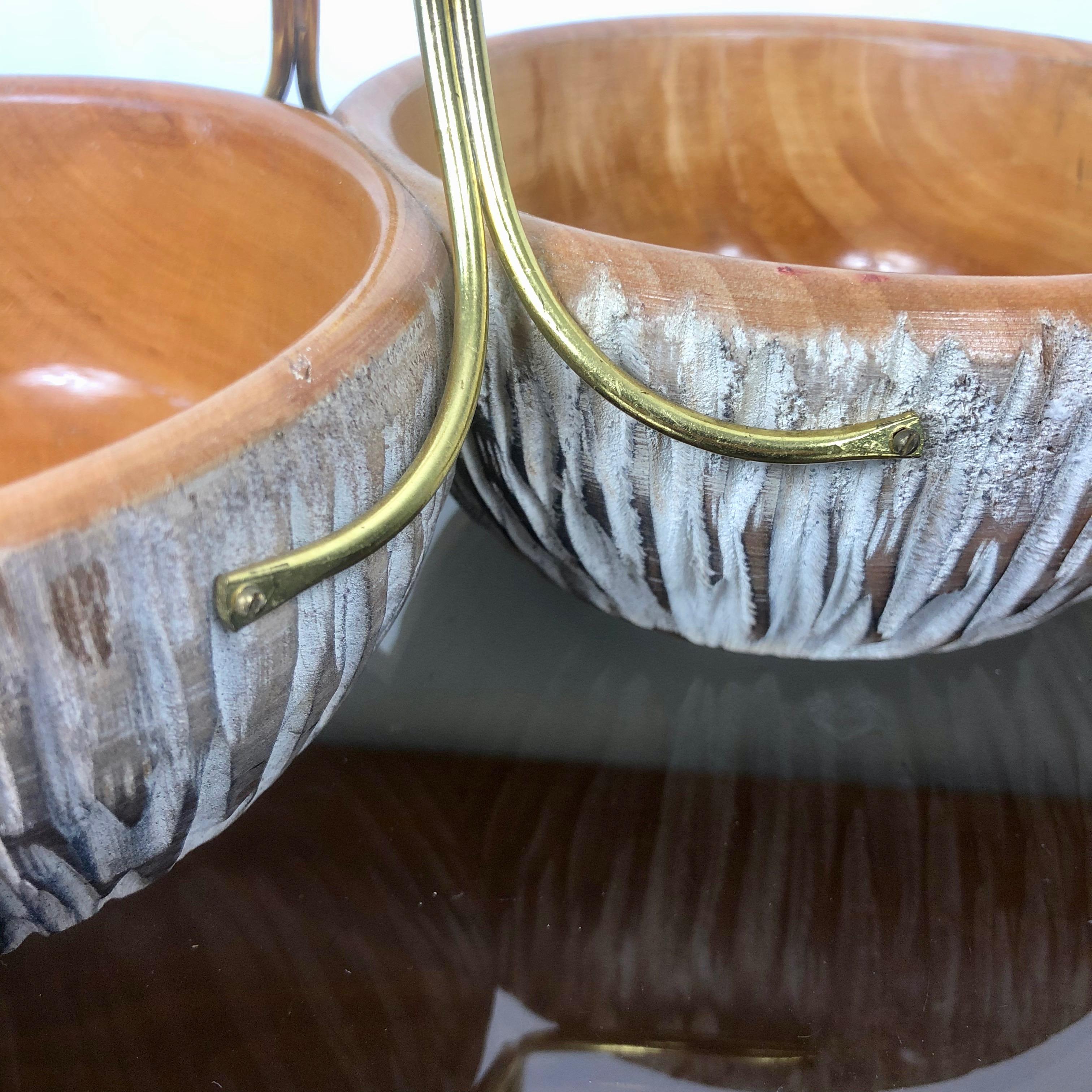 Aldo Tura Macabo Walnut Bowl Basket Centrepiece Hand Carved Wood and Brass Italy 5