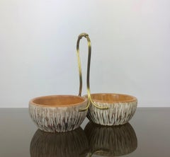 Aldo Tura Macabo Schale/Korb aus Nussbaumholz, Tafelaufsatz, handgeschnitzt, Holz und Messing, Italien