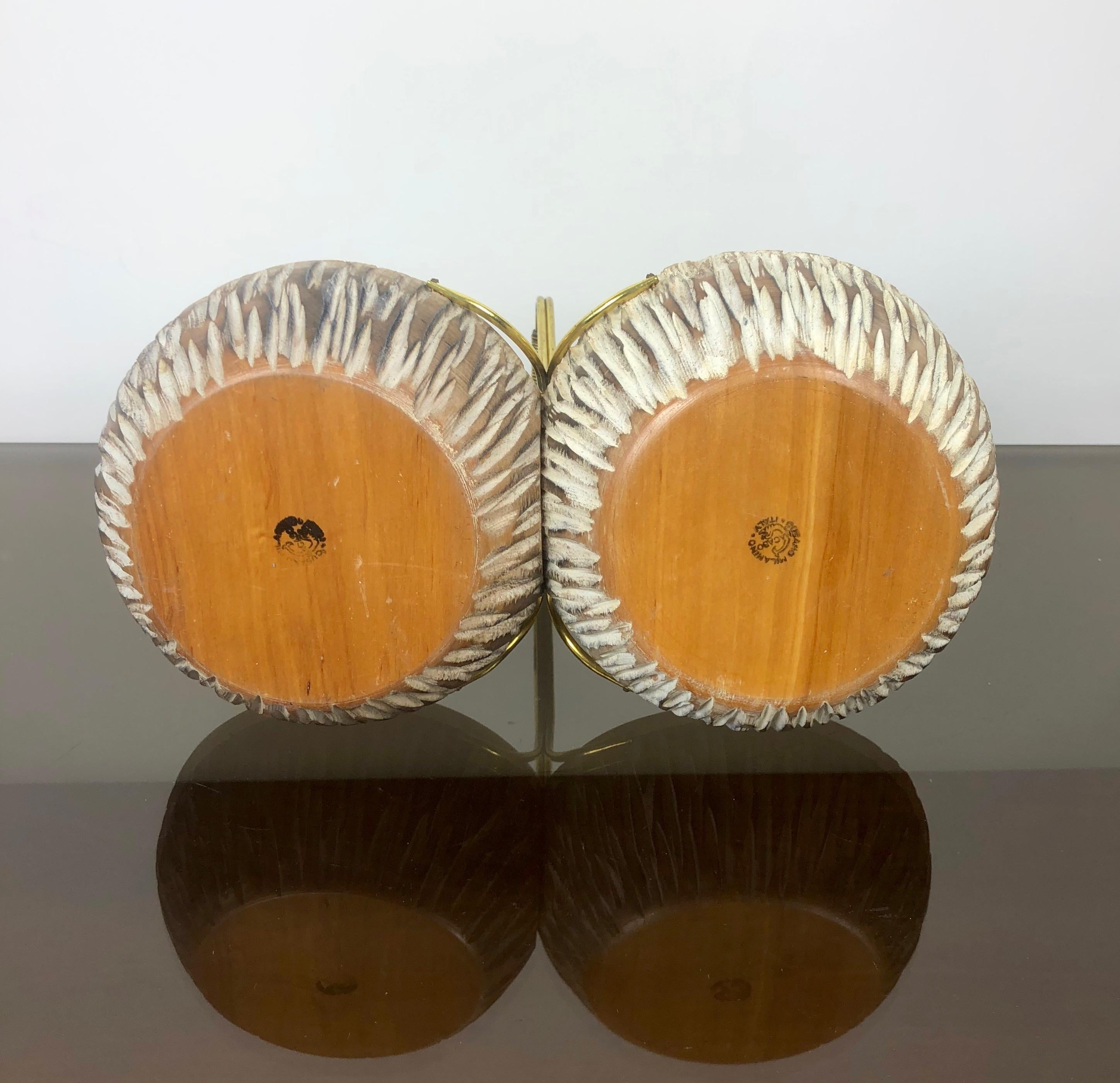 Aldo Tura Macabo Walnut Bowl Basket Centrepiece Hand Carved Wood and Brass Italy 2