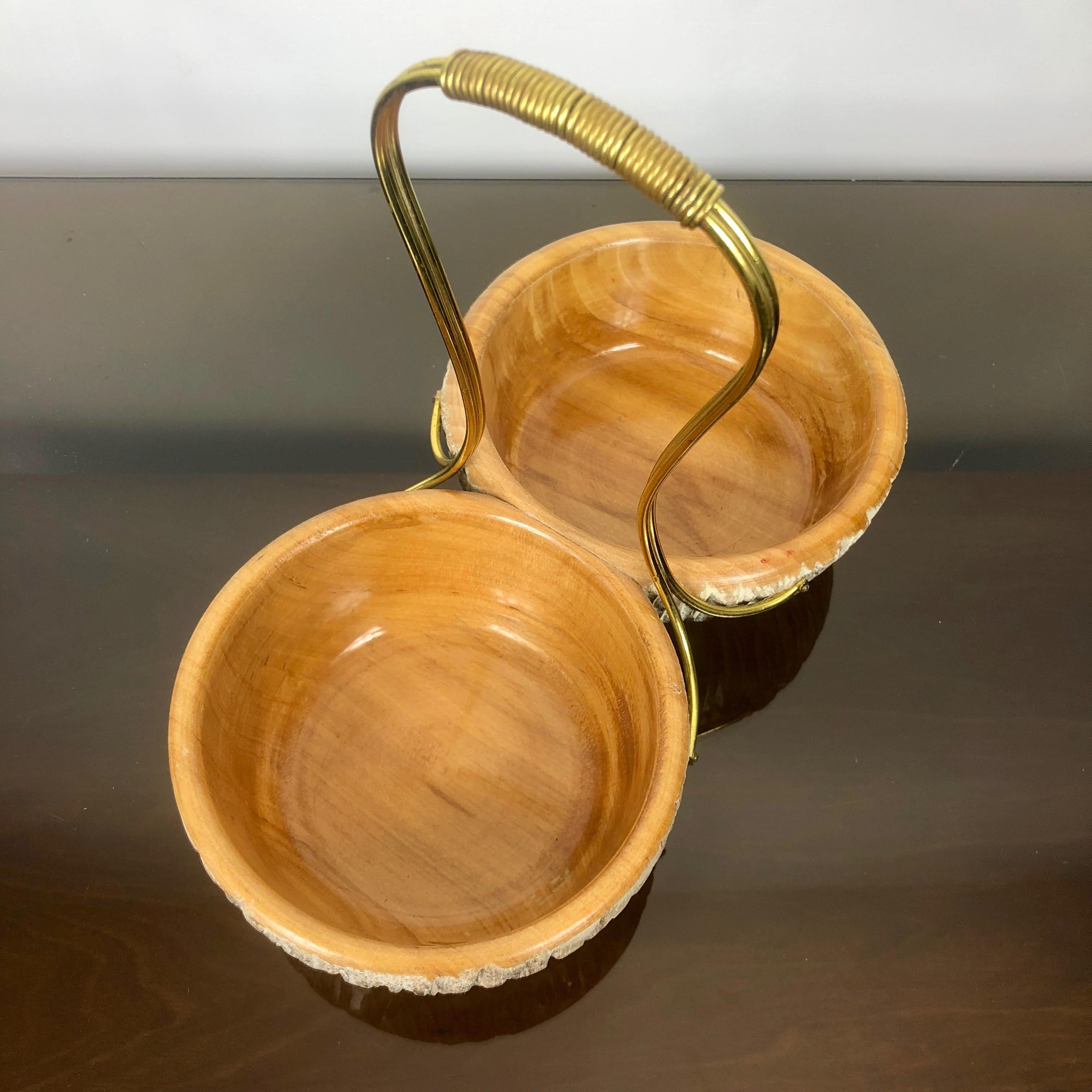 Aldo Tura Macabo Walnut Bowl Basket Centrepiece Hand Carved Wood and Brass Italy 3