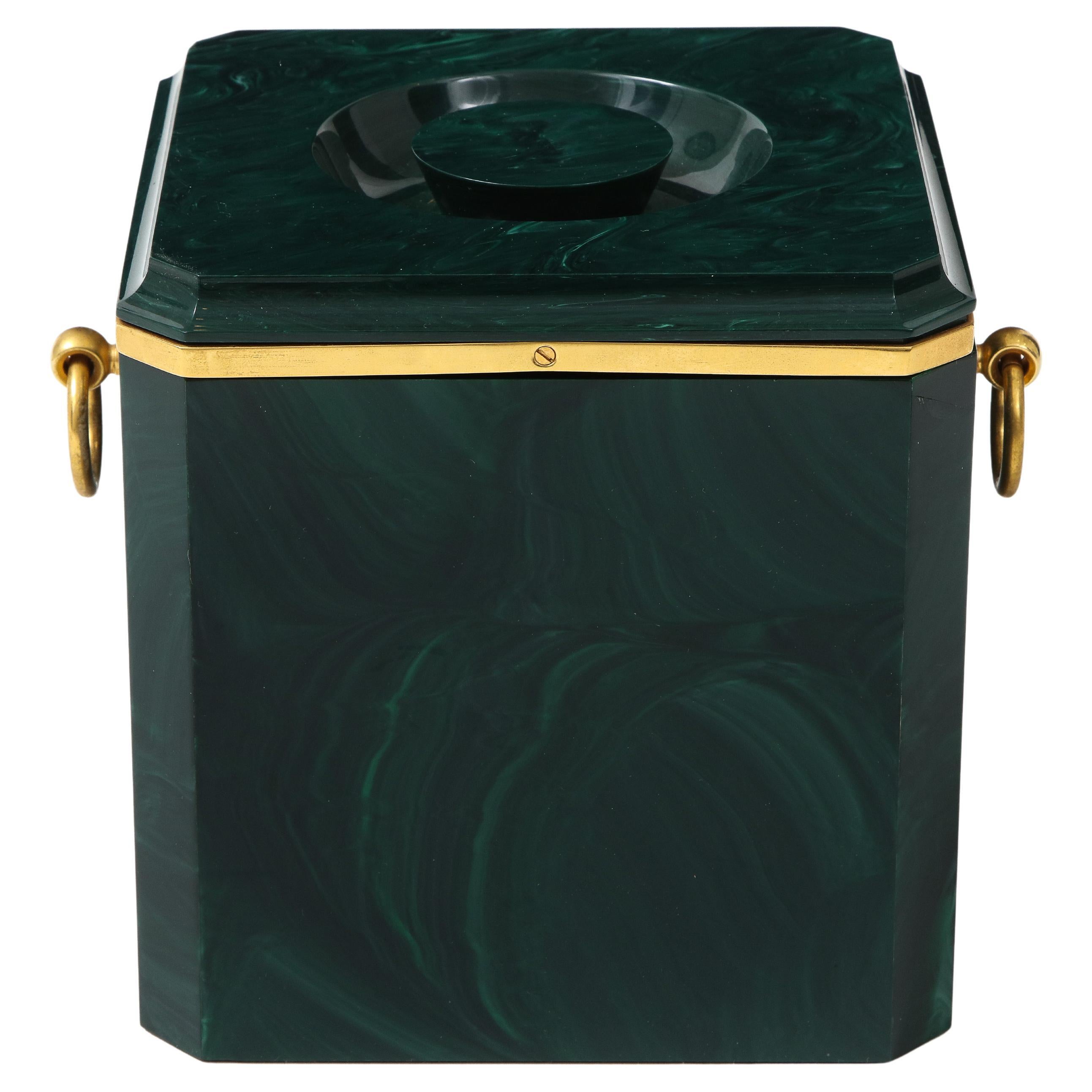 Mid-Century Modern Aldo Tura Faux Malachite Ice Bucket with Brass Rings, Italy, 1970s For Sale