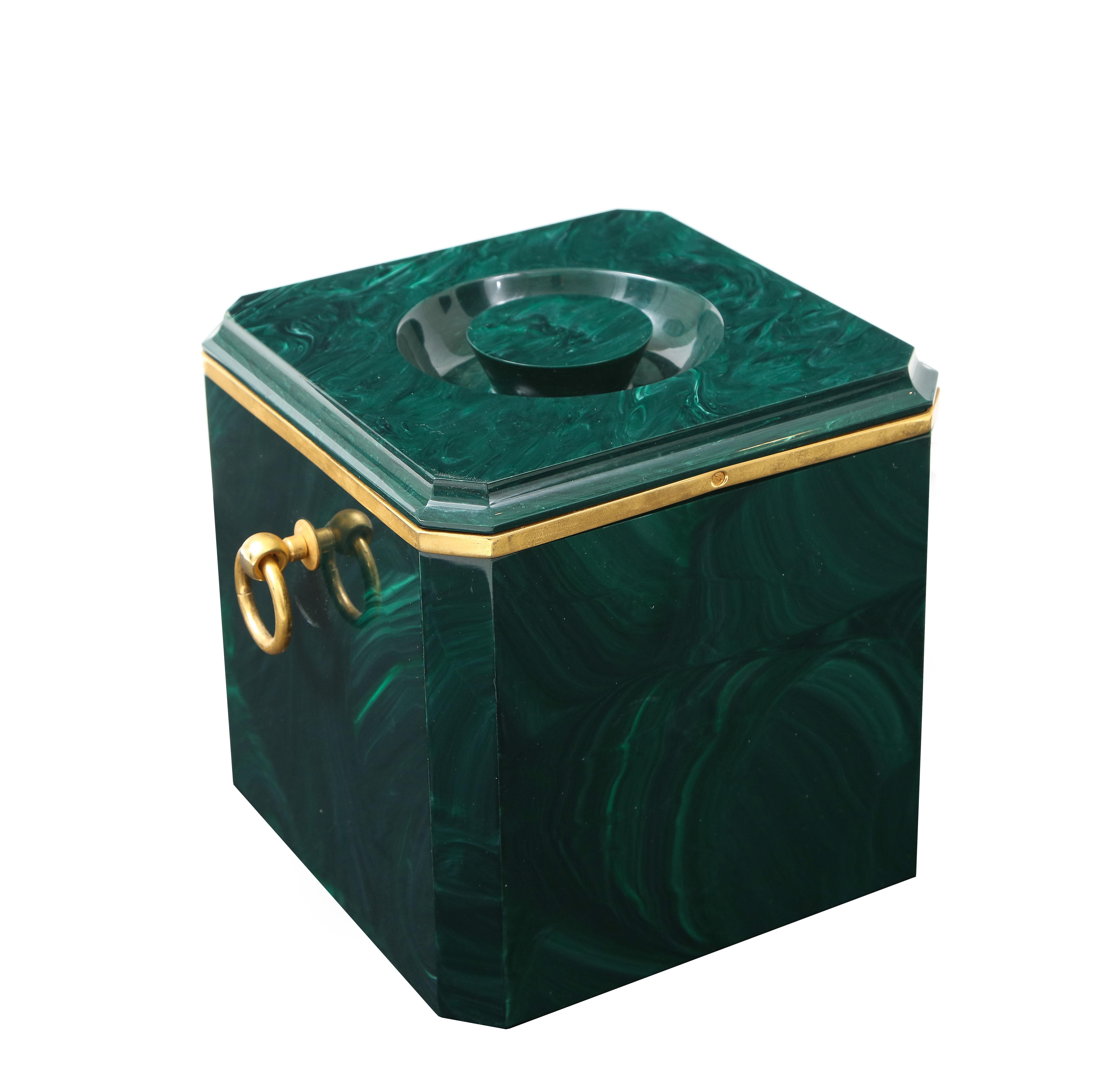 Late 20th Century Aldo Tura Faux Malachite Ice Bucket with Brass Rings, Italy, 1970s For Sale