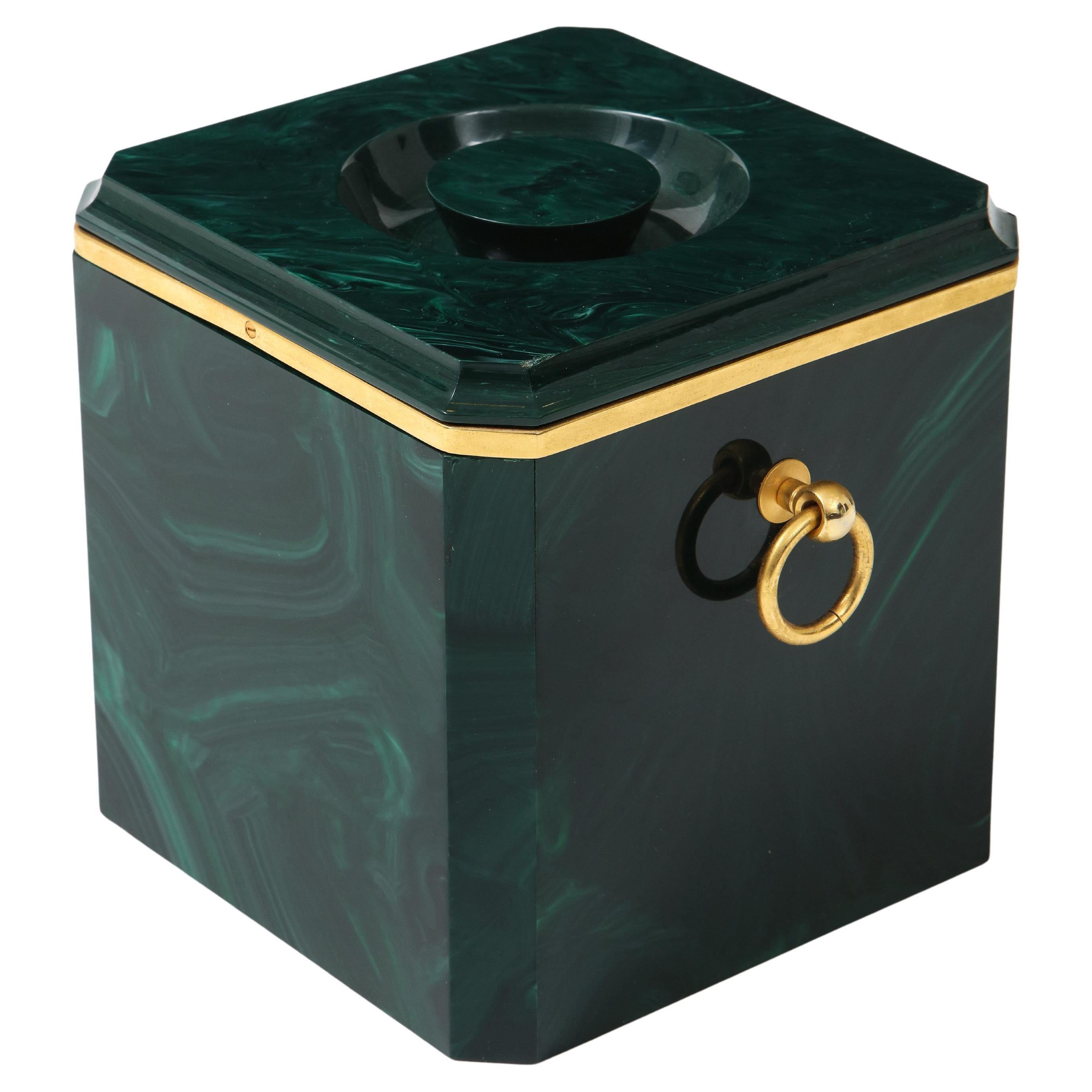 Aldo Tura Faux Malachite Ice Bucket with Brass Rings, Italy, 1970s For Sale