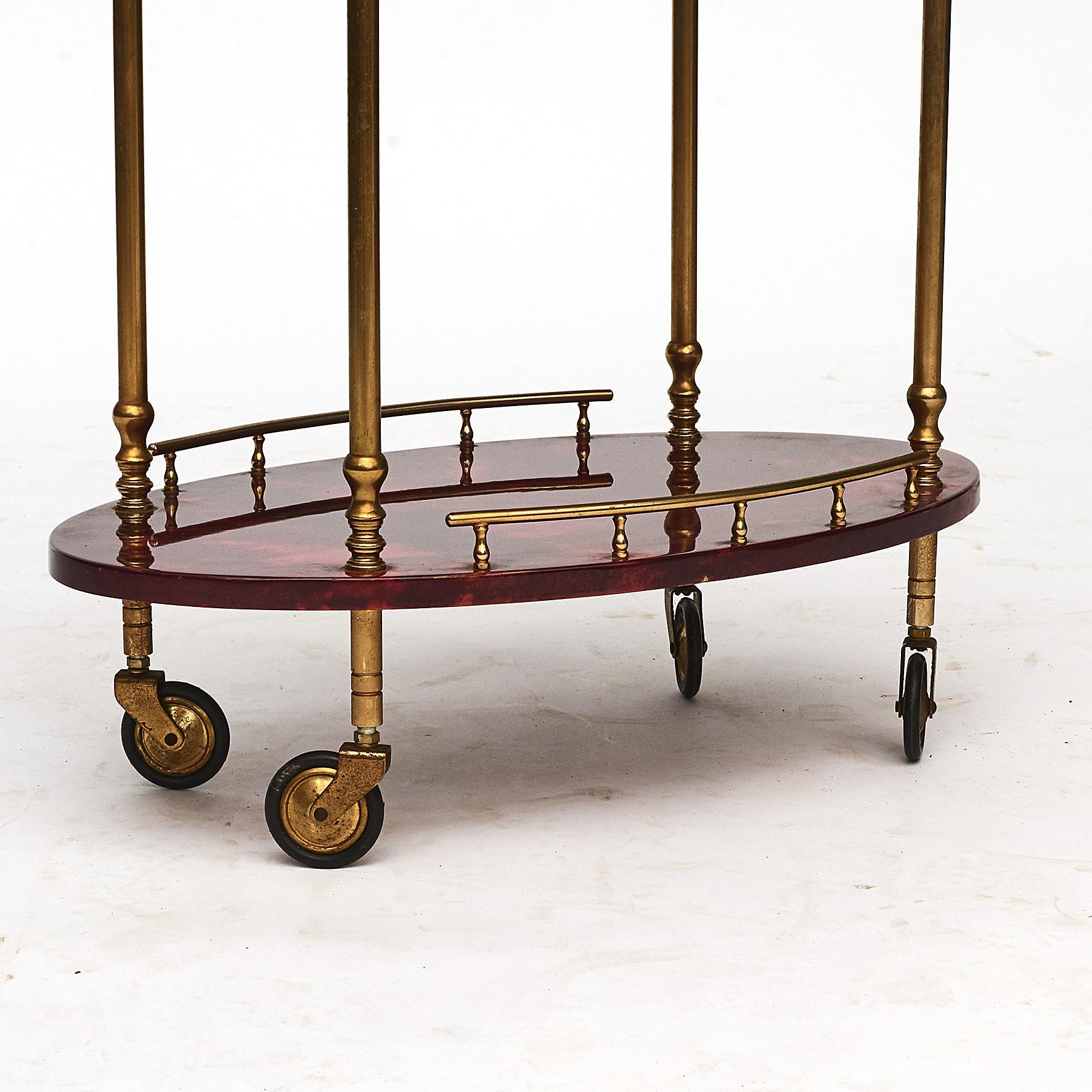 Italian Aldo Tura, Midcentury 2-Tier Red Goatskin Bar Cart or Tea Trolley