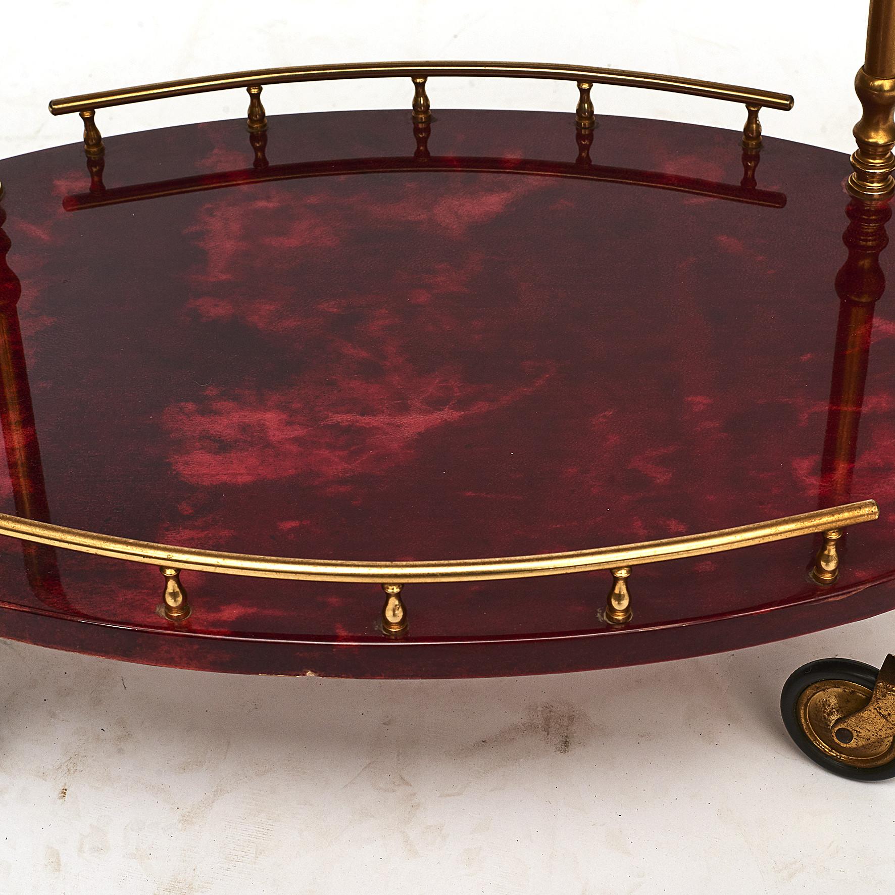Brass Aldo Tura, Midcentury 2-Tier Red Goatskin Bar Cart or Tea Trolley