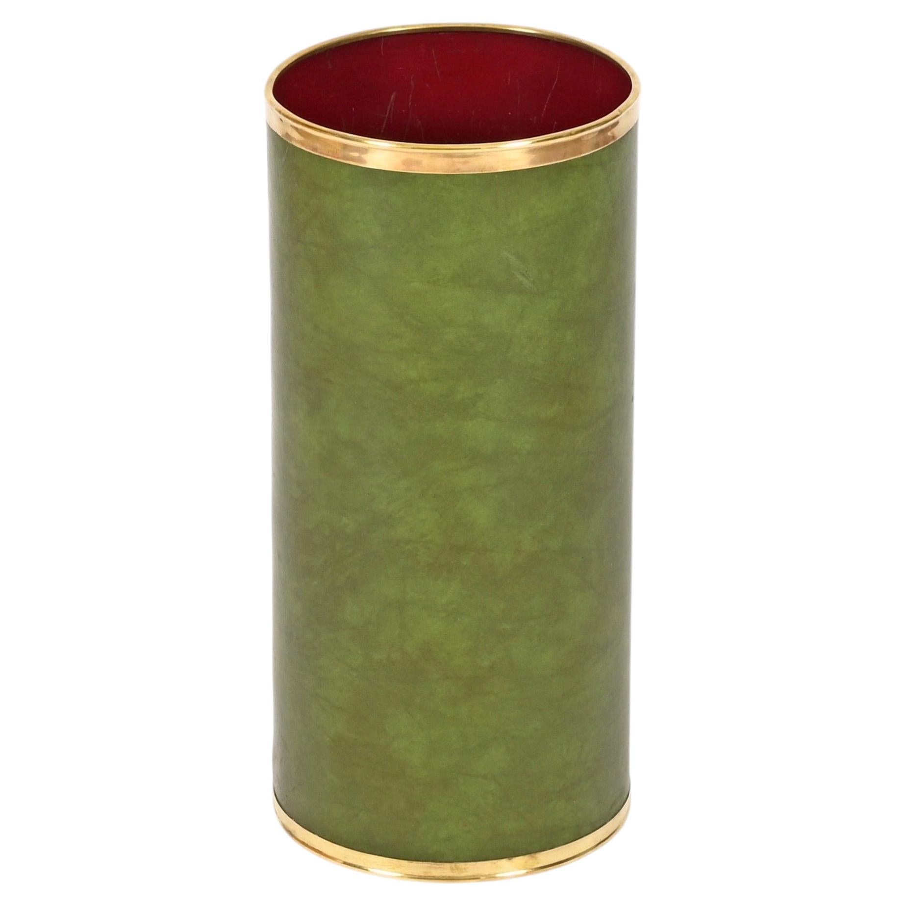Aldo Tura Mid-Century Green Leatherette and Brass Umbrella Stand, Italy, 1970s