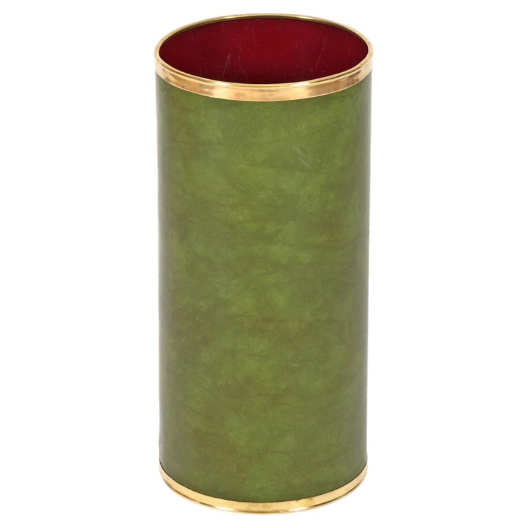 Aldo Tura Mid-Century Green Leatherette and Brass Umbrella Stand, Italy, 1970s