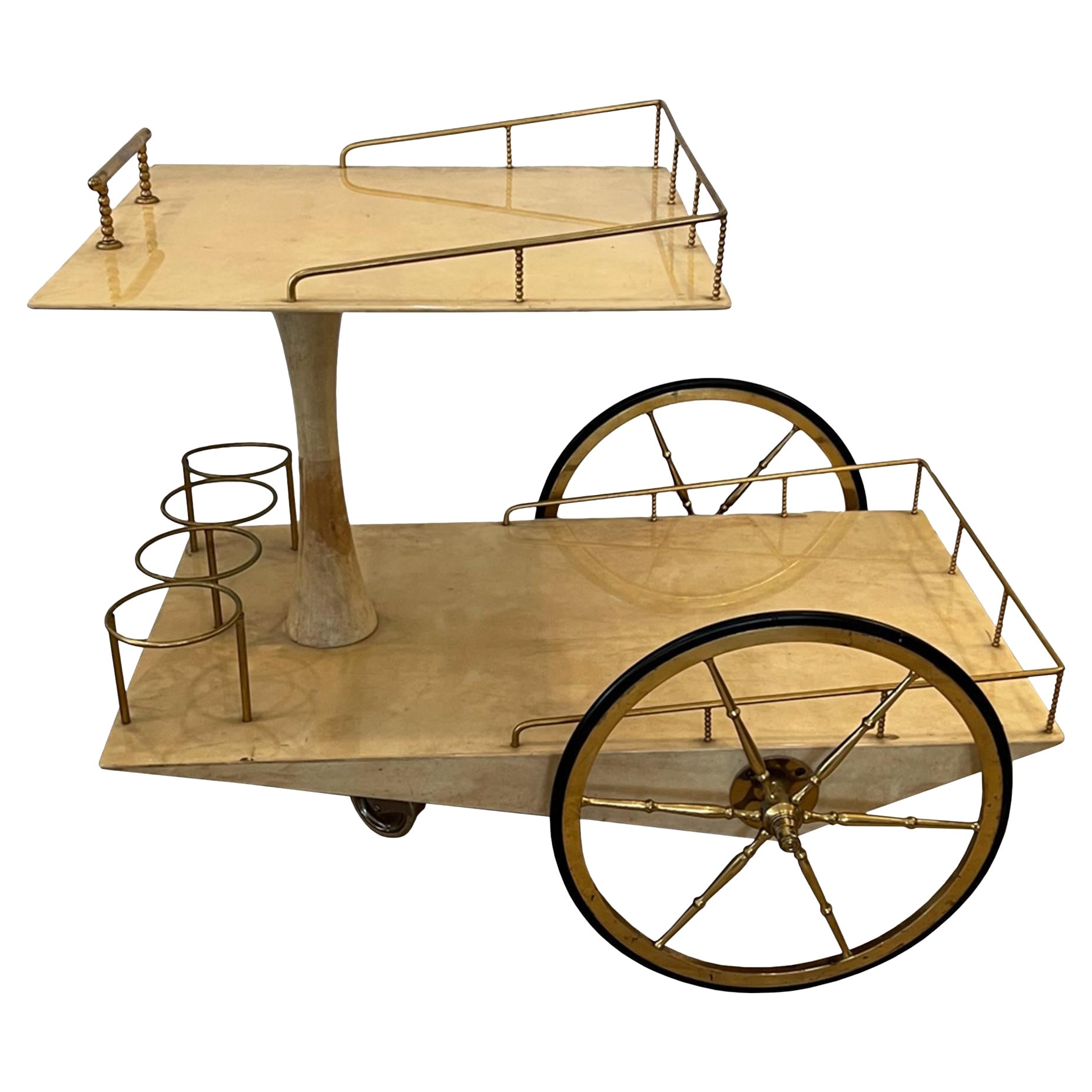 Aldo Tura Mid-Century Modern Brass 
Lacquered Goatskin Bar Cart, Italian, 1960s