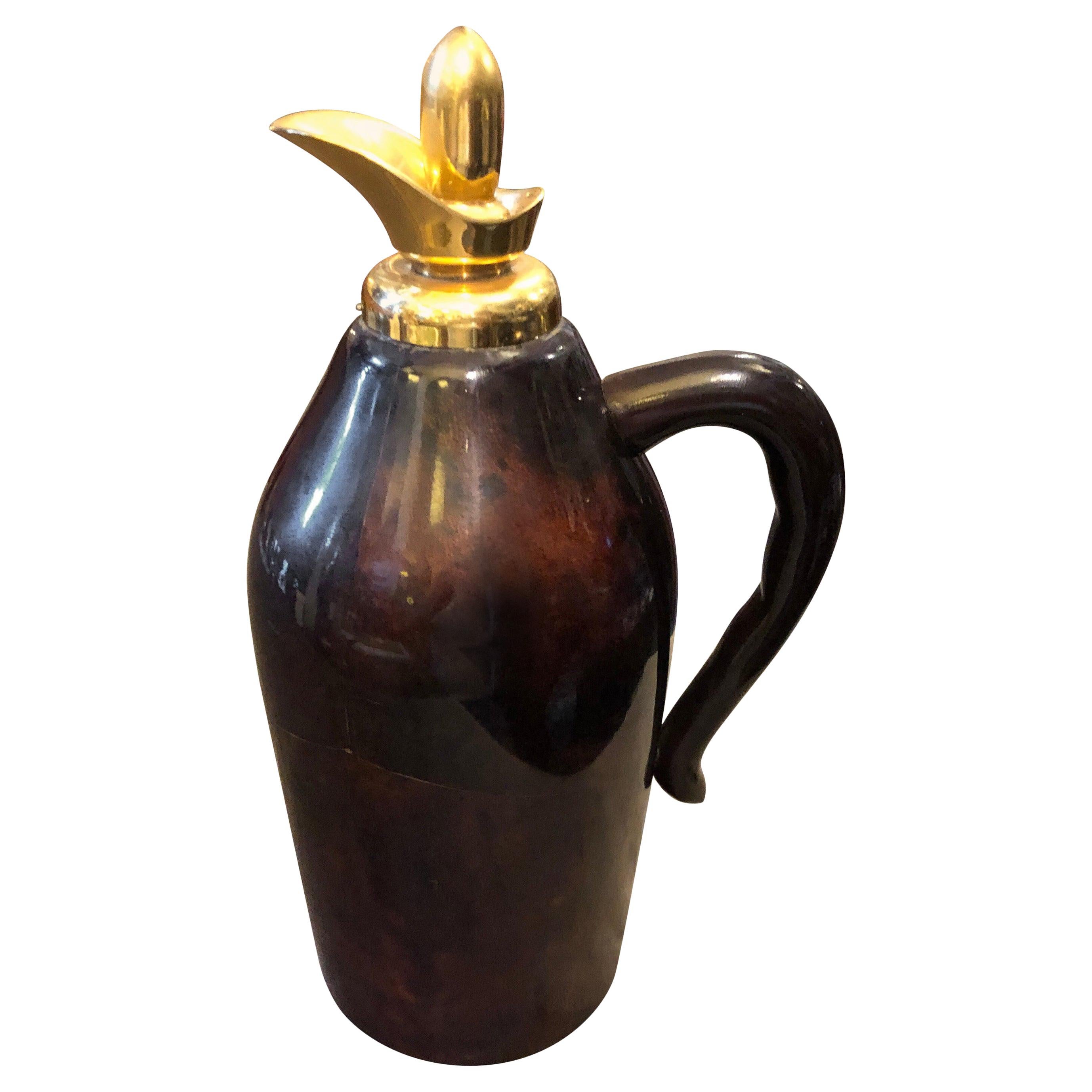 1960s Aldo Tura Mid-Century Modern Brown Goatskin and Brass Thermos Carafe