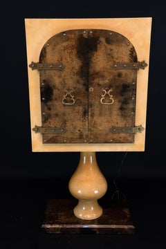 Meuble de bar « Mid-Century Modern » en cuir de chèvre couleur parchemin, Aldo Tura, Italie, années 1960