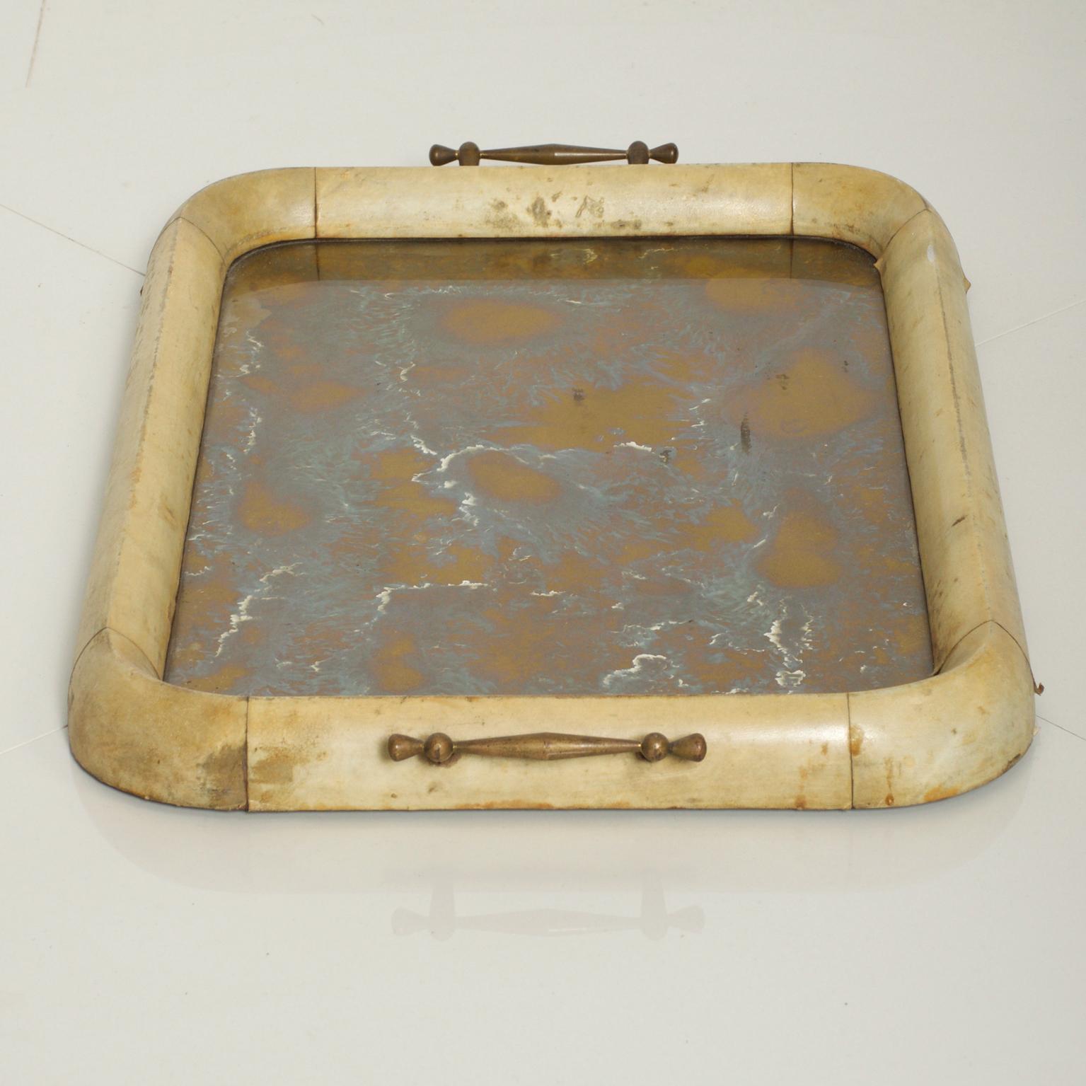 Aldo Tura Mid-Century Modern Service Tray Goatskin & Eglomized Mirror Bronze 1