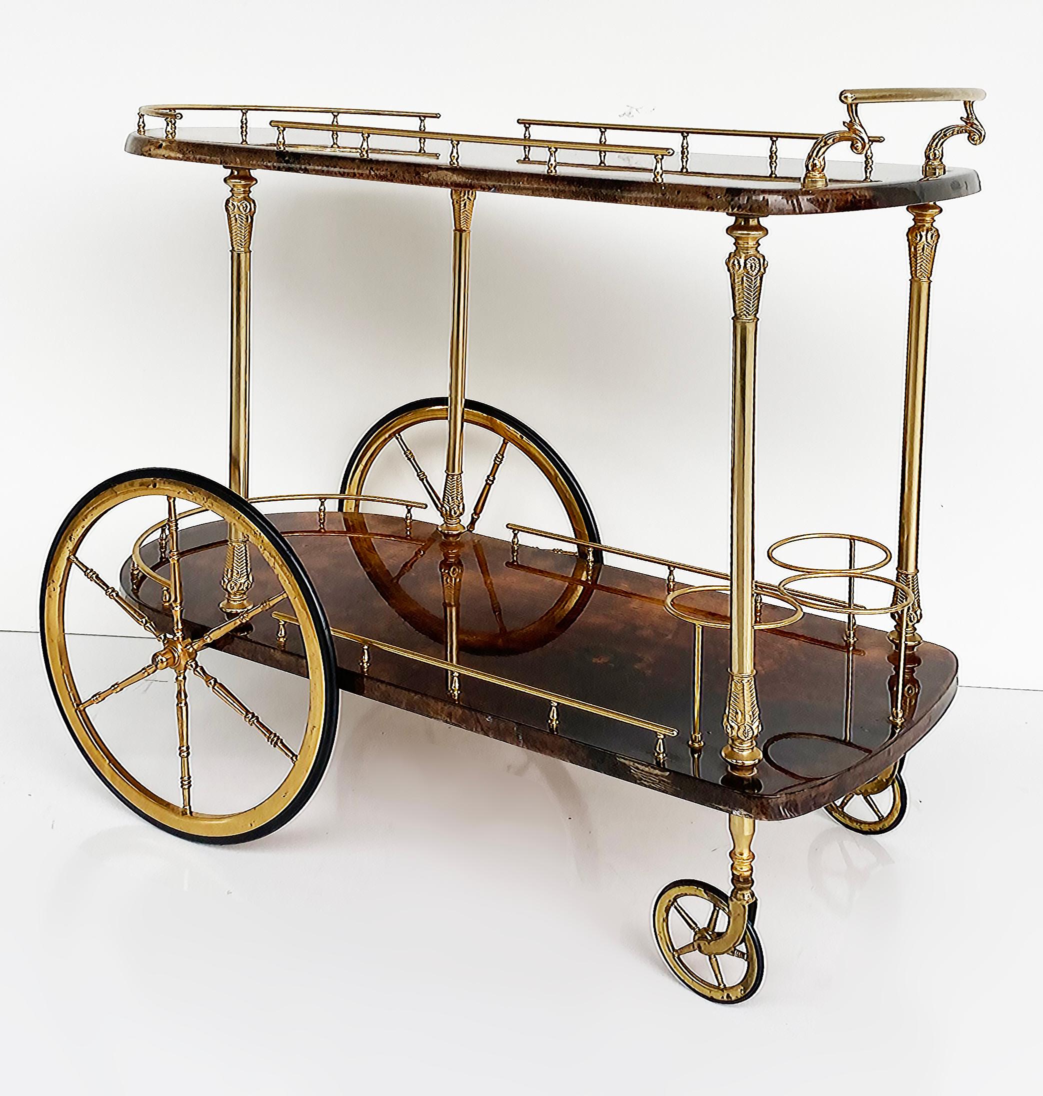 Aldo Tura Milano Italy Goatskin and Brass Bar/Tea Cart on Wheels circa  1960-70s

Offered for sale is a very recent acquisition from a Key Biscayne, FL estate of a socialite who passed away at the dear age of 104.  This wonderful Aldo Tura Milano
