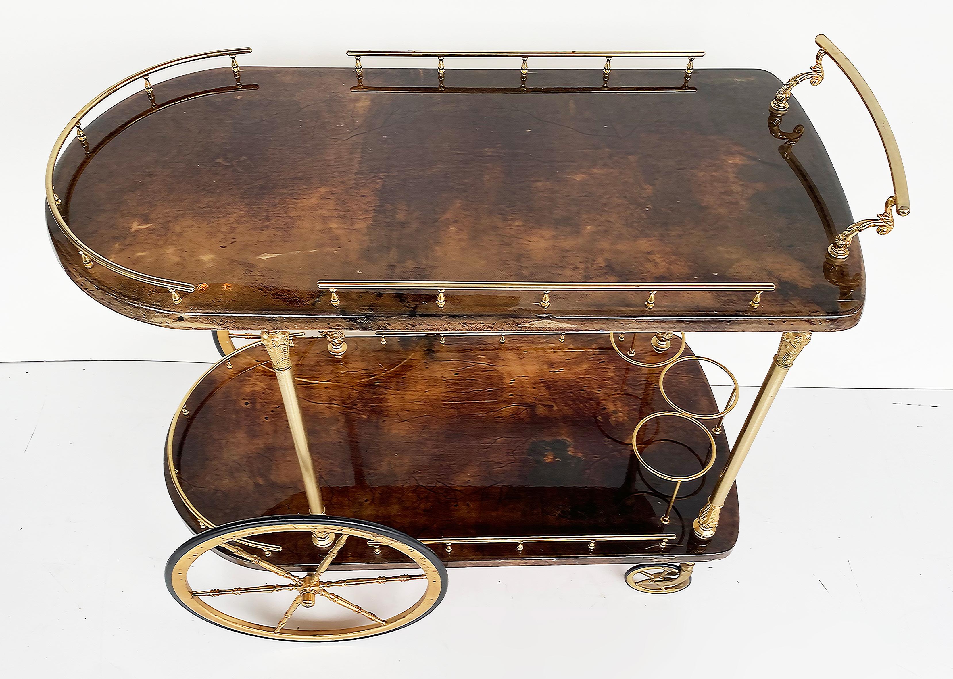 Italian Aldo Tura Milano Italy Goatskin and Brass Bar/Tea Cart on Wheels circa  1960-70s For Sale