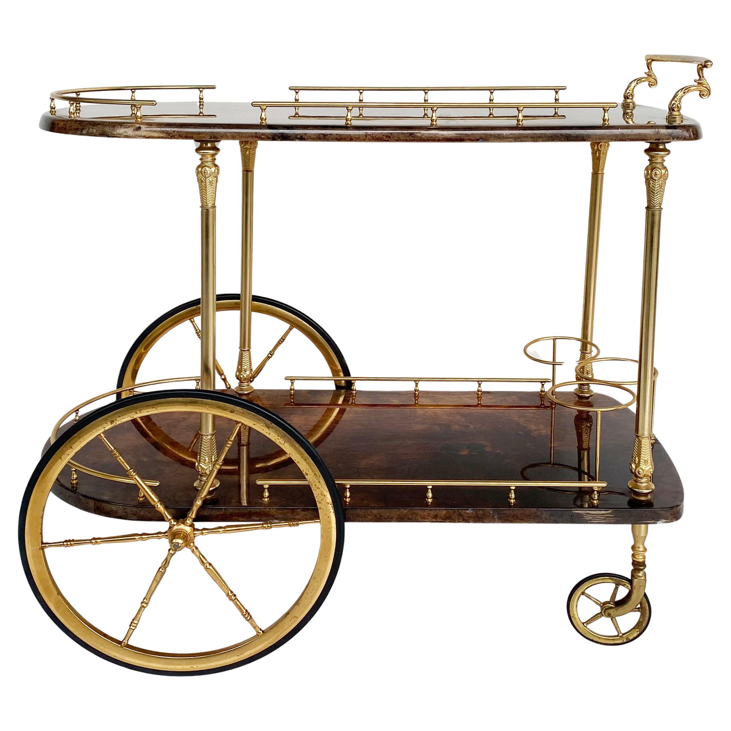 Aldo Tura Milano Italy Goatskin and Brass Bar/Tea Cart on Wheels circa  1960-70s For Sale