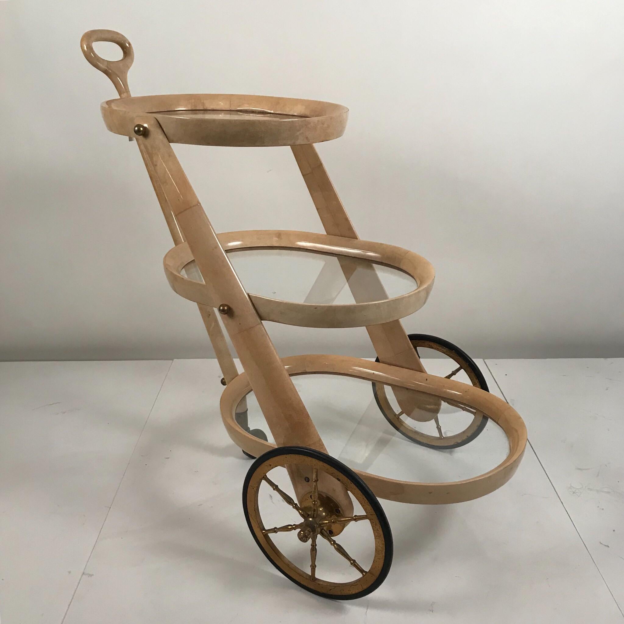 Aldo Tura / Milano Parchment 3 Storey Bar Cart In Good Condition In Munich, DE