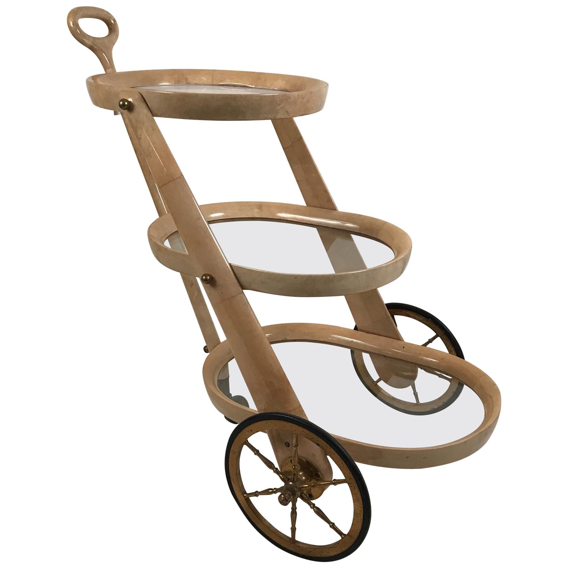 Aldo Tura / Milano Parchment 3 Storey Bar Cart