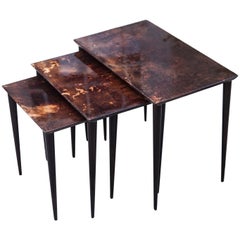 Aldo Tura Nesting Tables Brown Goatskin, 1960s