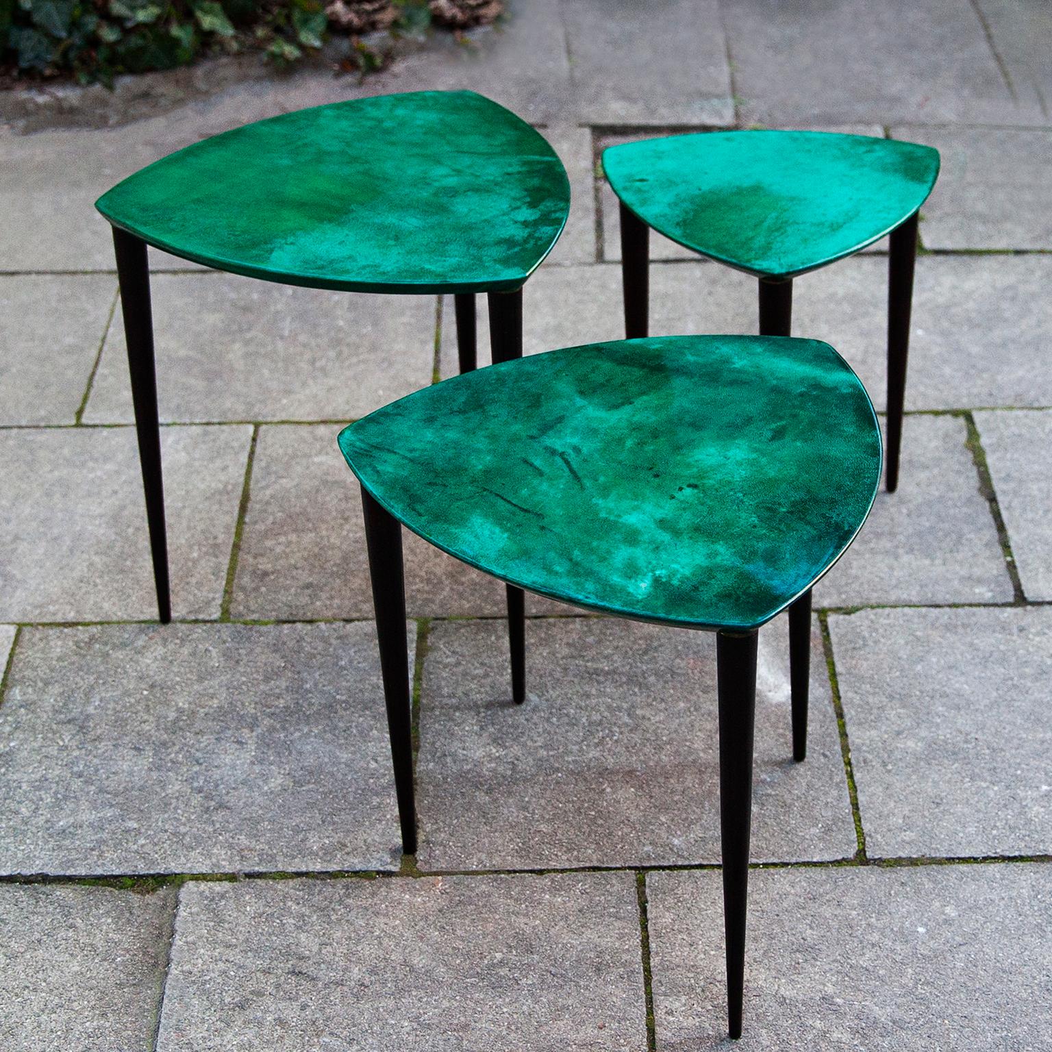 Mid-Century Modern Aldo Tura Nesting Tables Green Goatskin