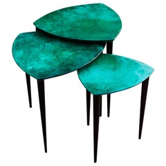 Aldo Tura Tables gigognes en peau de chèvre verte