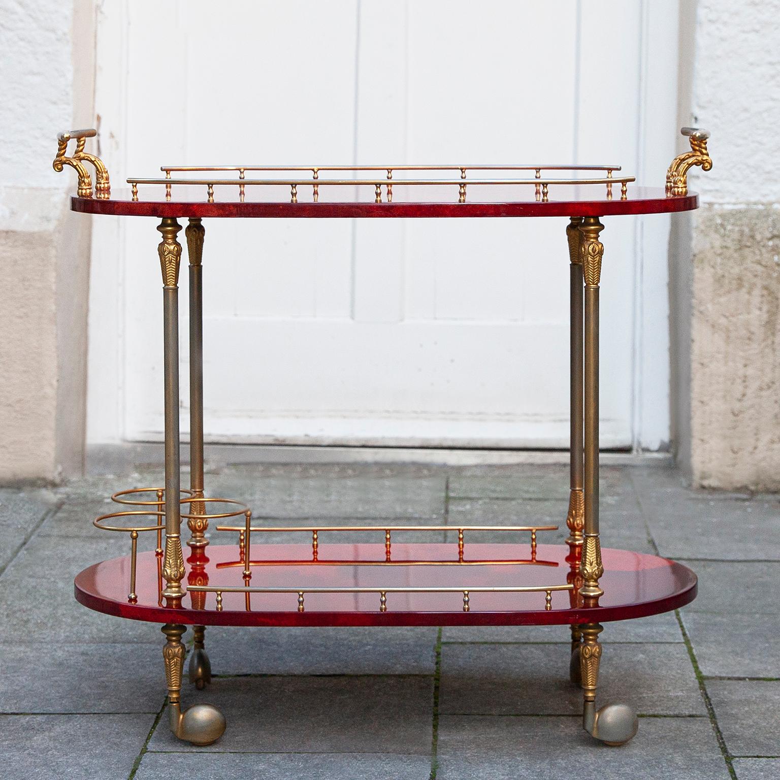 Hollywood Regency Aldo Tura Oval Bar Cart Red Goatskin, 1960s