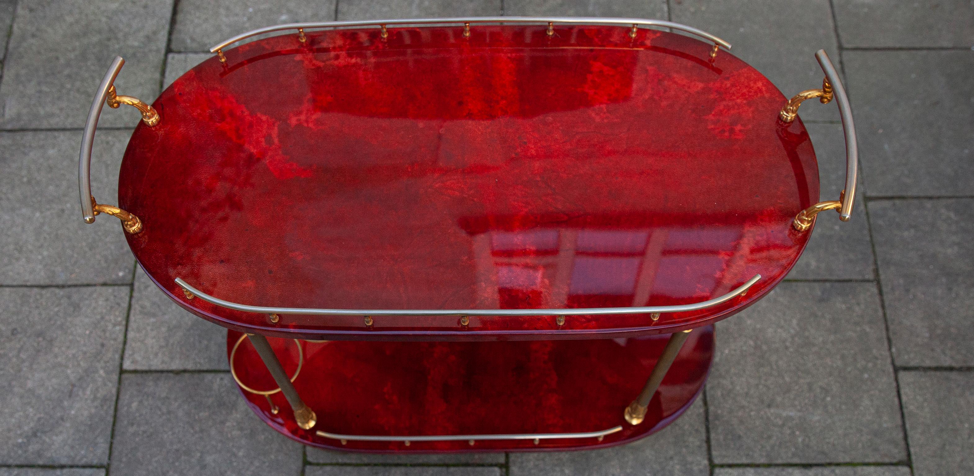 Italian Aldo Tura Oval Bar Cart Red Goatskin, 1960s