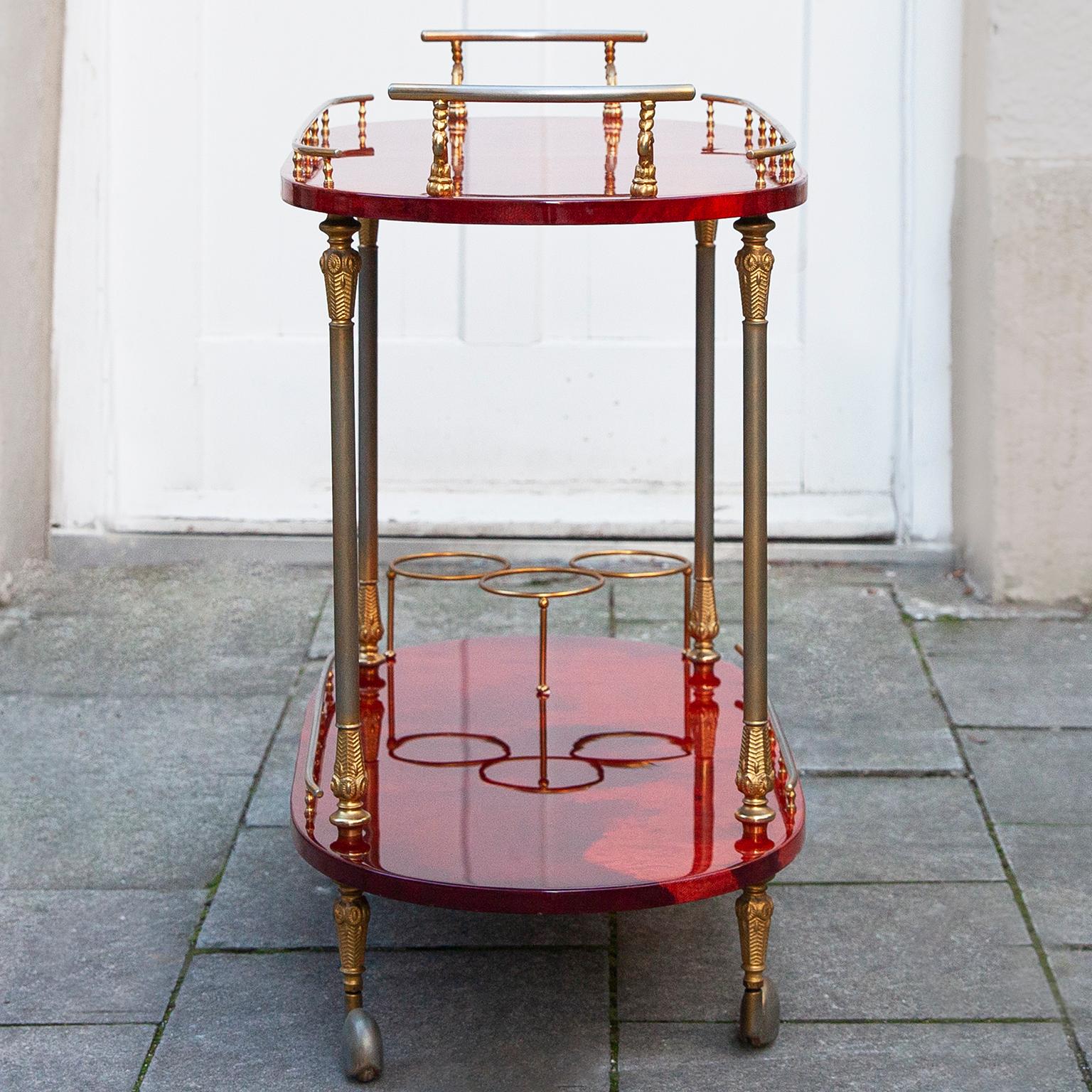 Aldo Tura Oval Bar Cart Red Goatskin, 1960s In Good Condition In Munich, DE