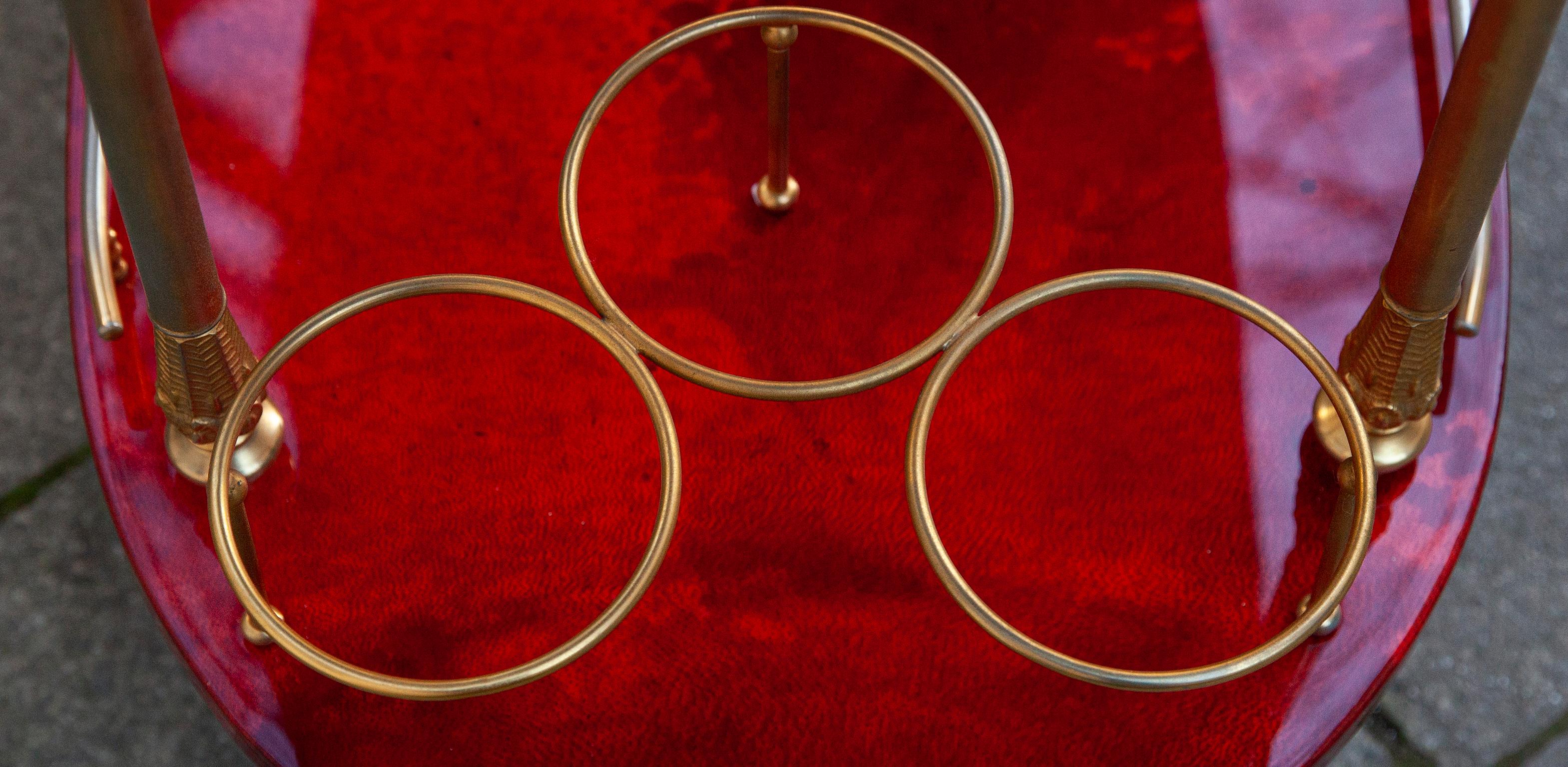 Brass Aldo Tura Oval Bar Cart Red Goatskin, 1960s