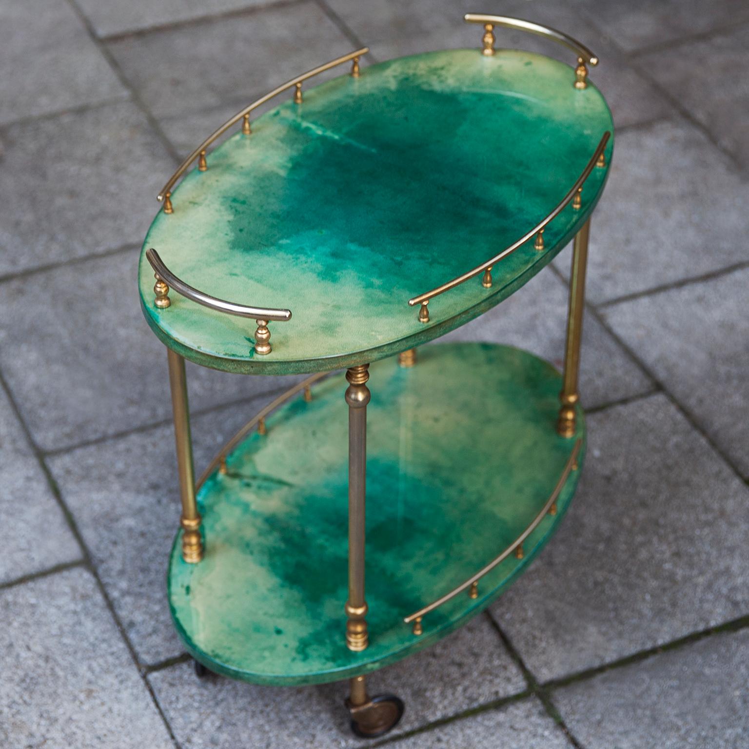 Hollywood Regency Aldo Tura Oval Green Goatskin Bar Cart